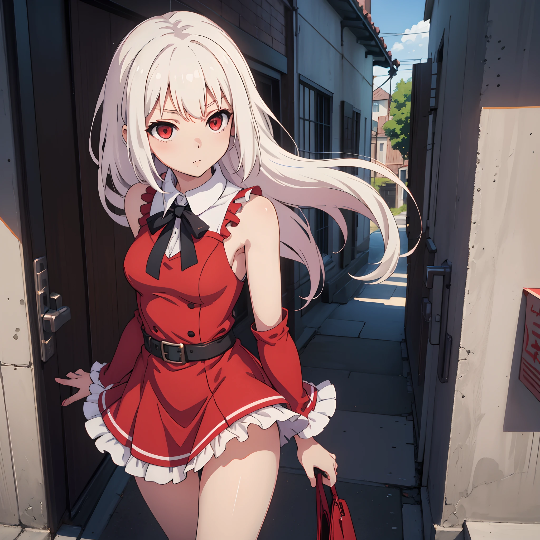Sexy, Standing, Scenery, 1girl, solo, Anime girl, white hair, red eyes, cute, short, frilled dress