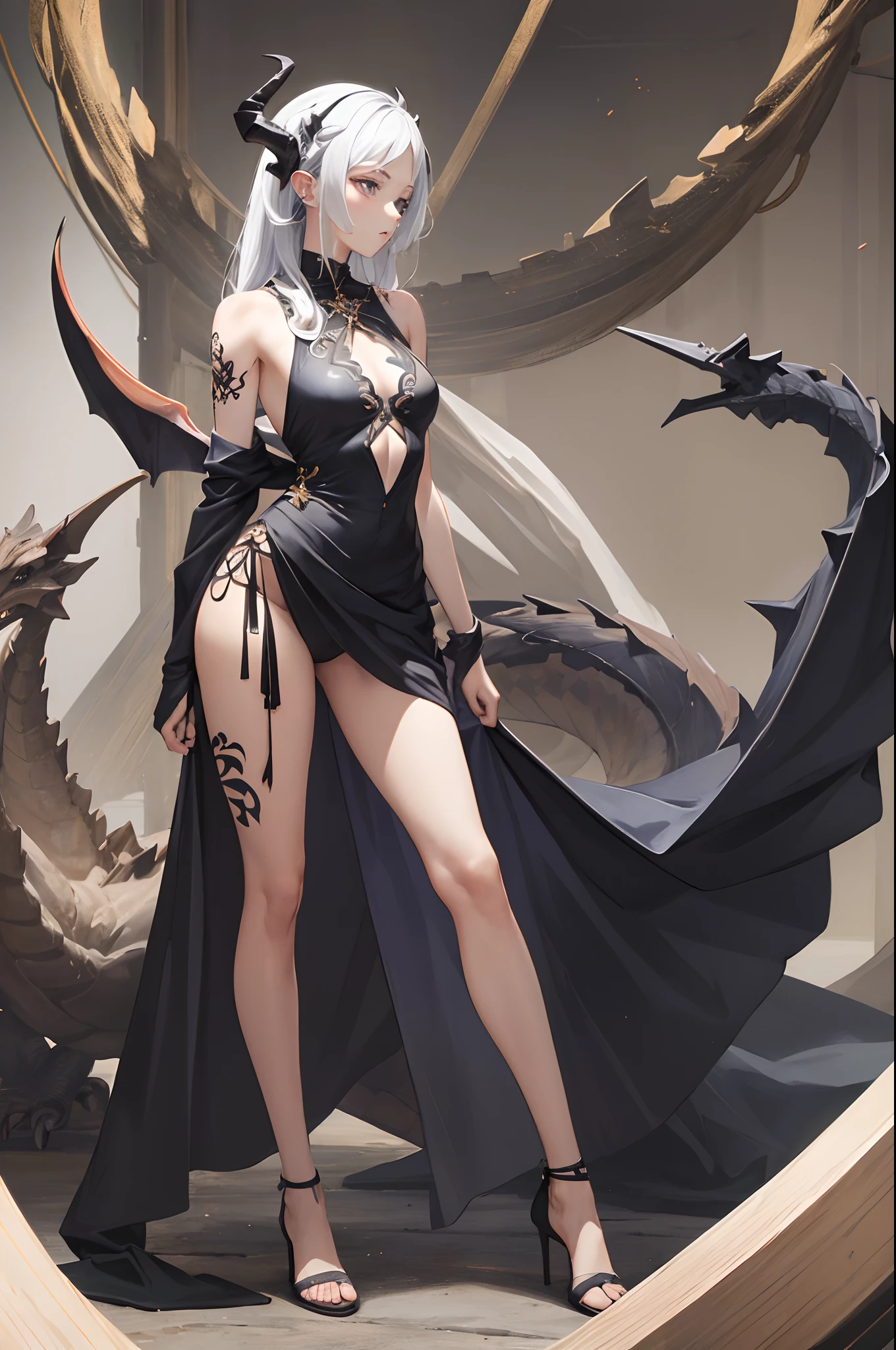masterpiece, best quality, absurdres, perfect anatomy, standing, 1girl, solo, arm tattoo, bare shoulders, sleeveless, dress, dragon girl, dragon horns, jewelry, tail