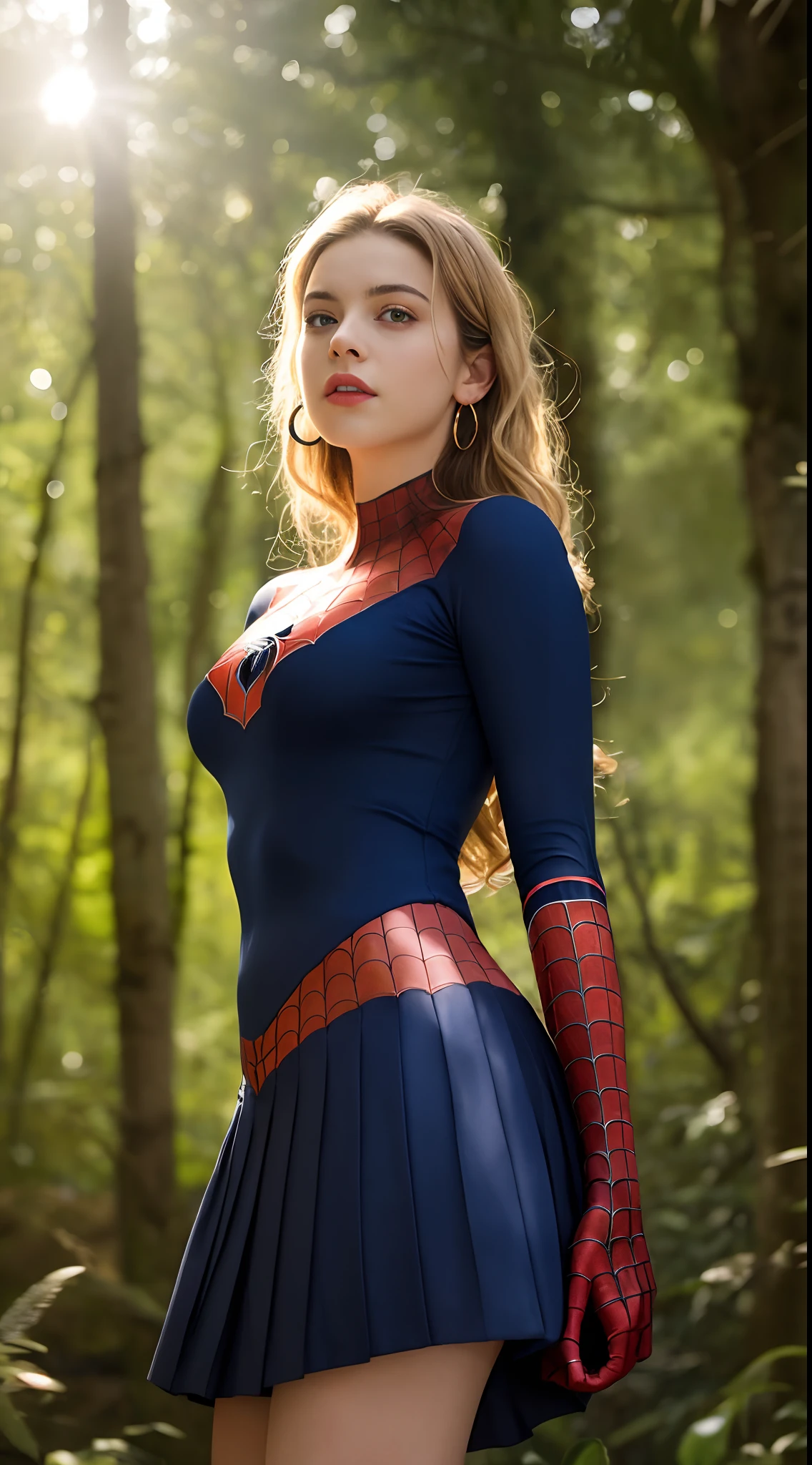 ((Peter Parker in spiderman uniform)), girl body, model body, big blue eyes, small breasts, long legs, medium hoop earrings, spiderman uniform, tiny pleated skirt, low angle shot, skin very white, long hair, wavy hair, blonde hair, school in the forest, classroom, photorealistic, indirect lighting, volumetric light, specular light, ray tracing, hyperdetailed, best quality, ultra-high resolution, HDR, 8k, focus soft mist