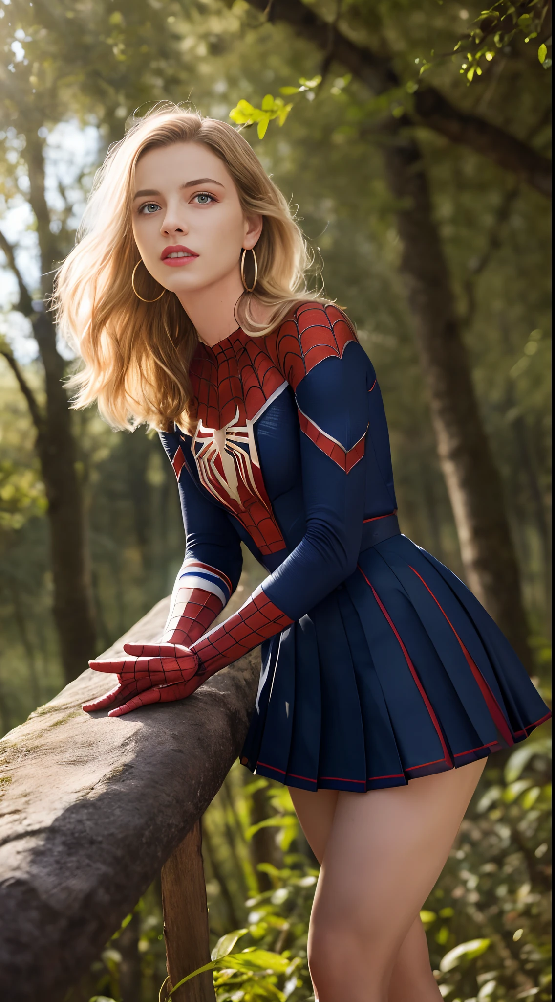 ((Peter Parker in spiderman uniform)), girl body, model body, big blue eyes, small breasts, long legs, medium hoop earrings, spiderman uniform, tiny pleated skirt, low angle shot, skin very white, long hair, wavy hair, blonde hair, school in the forest, classroom, photorealistic, indirect lighting, volumetric light, specular light, ray tracing, hyperdetailed, best quality, ultra-high resolution, HDR, 8k, focus soft mist