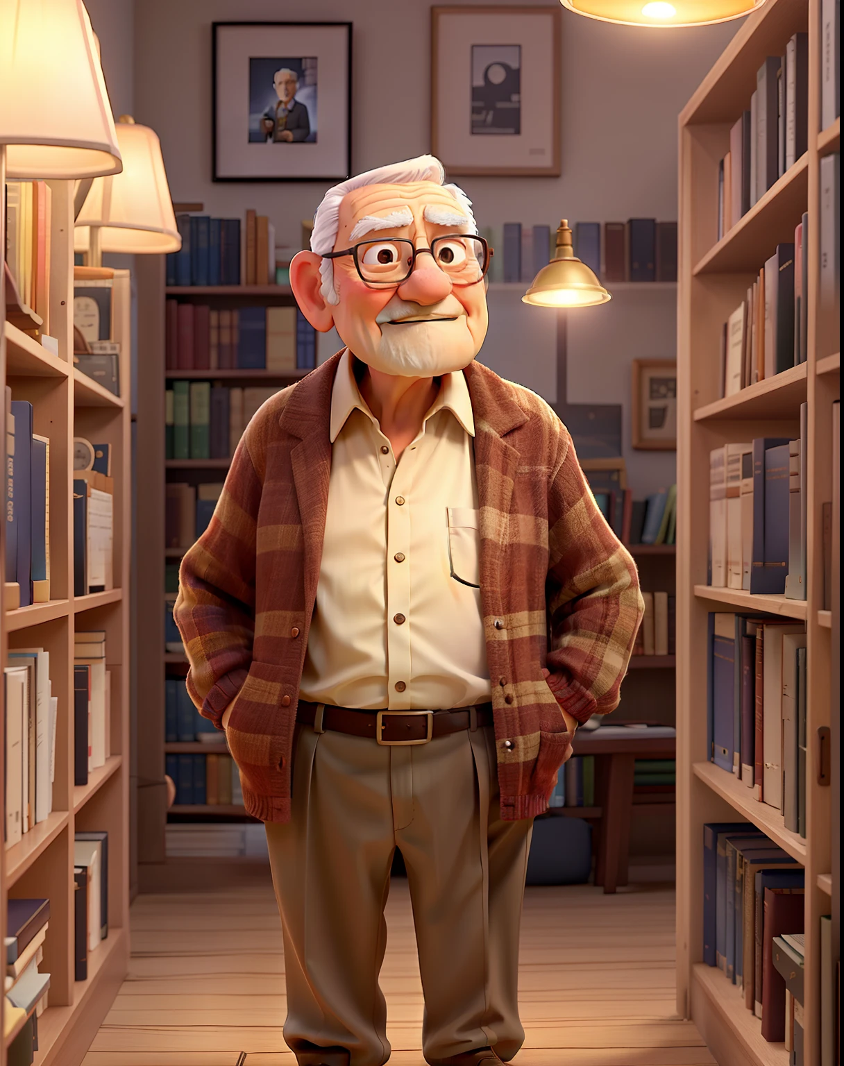 A wise old man standing in front, illuminated by the light of a lamp, against the backdrop of a library