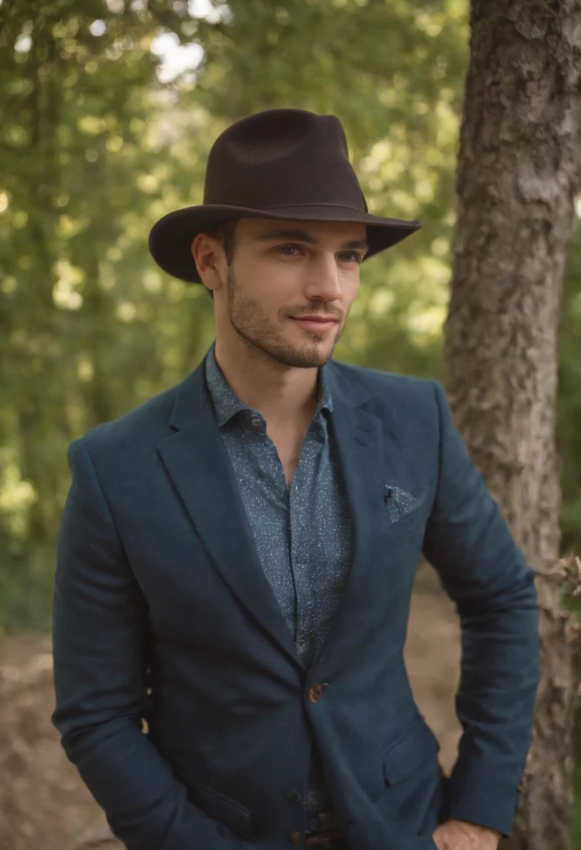 There is a man with a hat when posing for a photo, inspirado em Ludovit Fulla, Avatar do Second Life, Gorjetando seu fedora, inspirado em Luca Zontini, bonito impressionante realista, inspirado em Maximilian Cercha, Christian, inspirado em Ramon Pichot, inspired by Kristian Kreković, inspirado em Adam Dario Keel, chilled out smirk on face