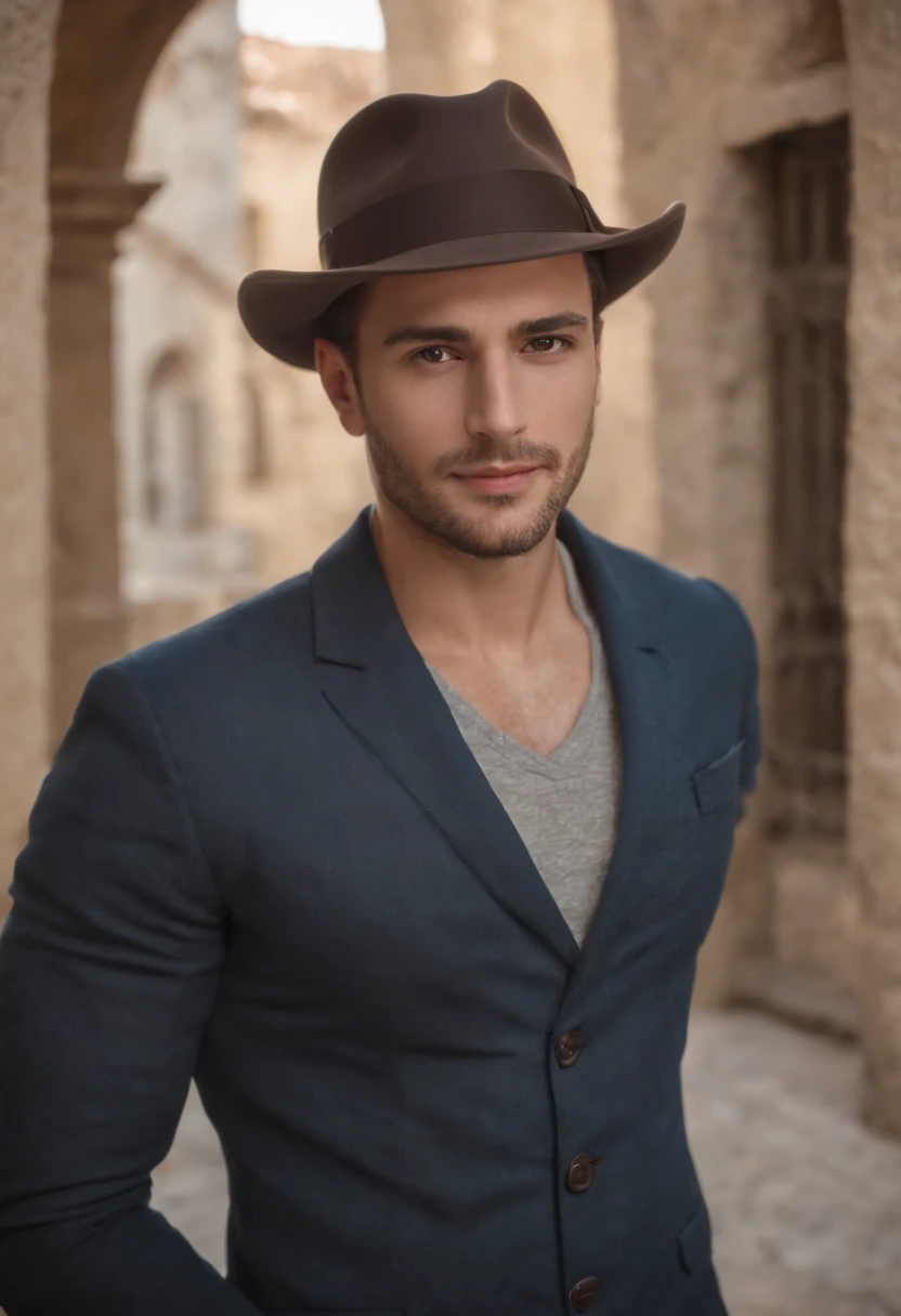 There is a man with a hat when posing for a photo, inspirado em Ludovit Fulla, Avatar do Second Life, Gorjetando seu fedora, inspirado em Luca Zontini, bonito impressionante realista, inspirado em Maximilian Cercha, Christian, inspirado em Ramon Pichot, inspired by Kristian Kreković, inspirado em Adam Dario Keel, chilled out smirk on face