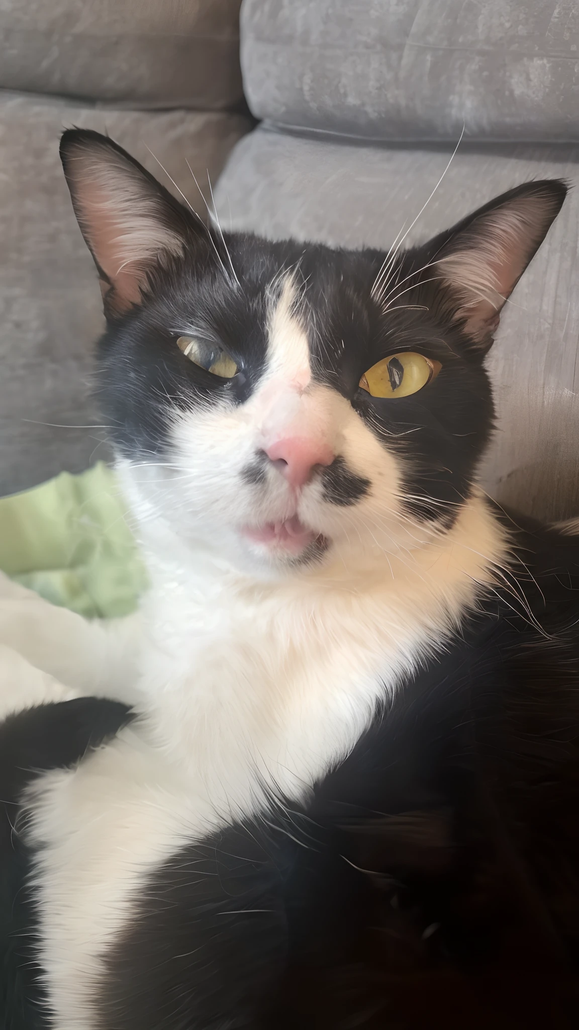 There is a black and white cat lying on a sofa, marcas no rosto, Looking directly at the camera, is looking at the camera, muito bobo olhando, sardas no nariz, nariz pequeno com sardas, com nariz estreito, sneering at the camera, looking-into-camera, nariz rosa pontiagudo longo, screaming at the camera