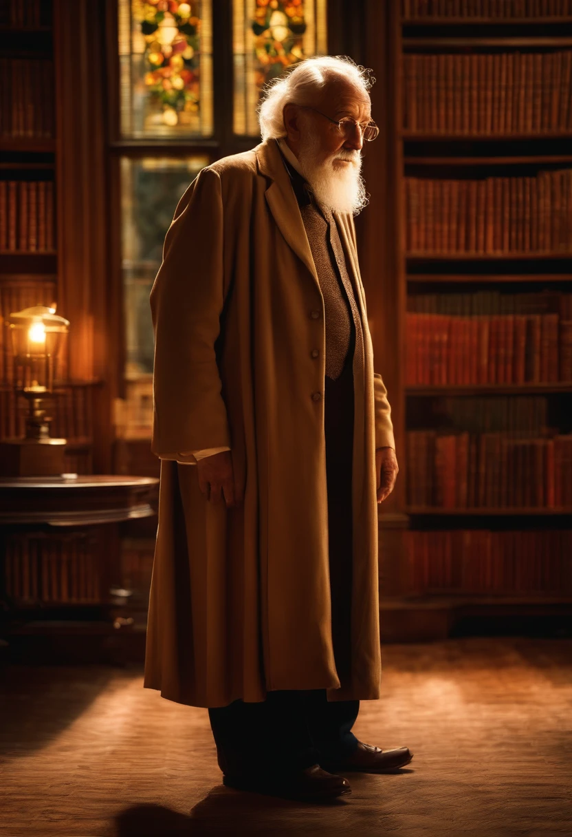 A wise old man standing in front, illuminated by the light of a lamp, against the backdrop of a library