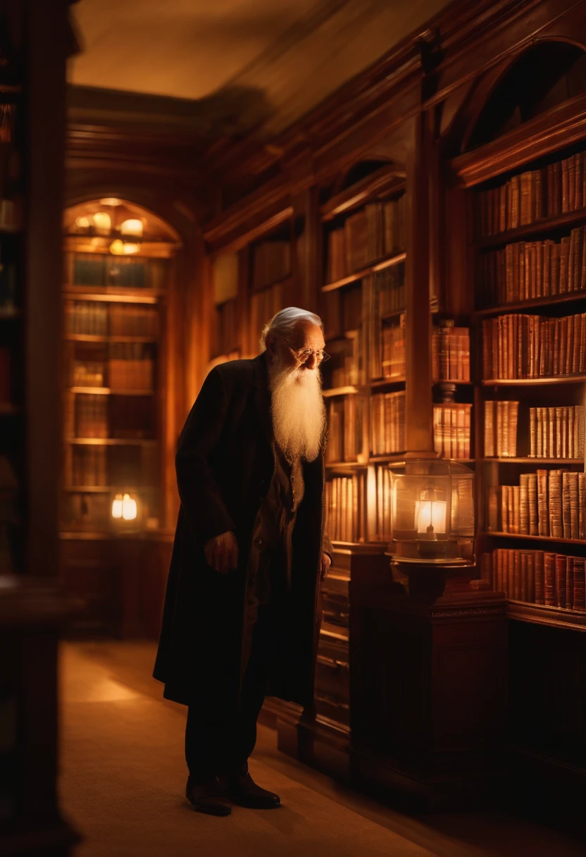 A wise old man standing in front, illuminated by the light of a lamp, against the backdrop of a library