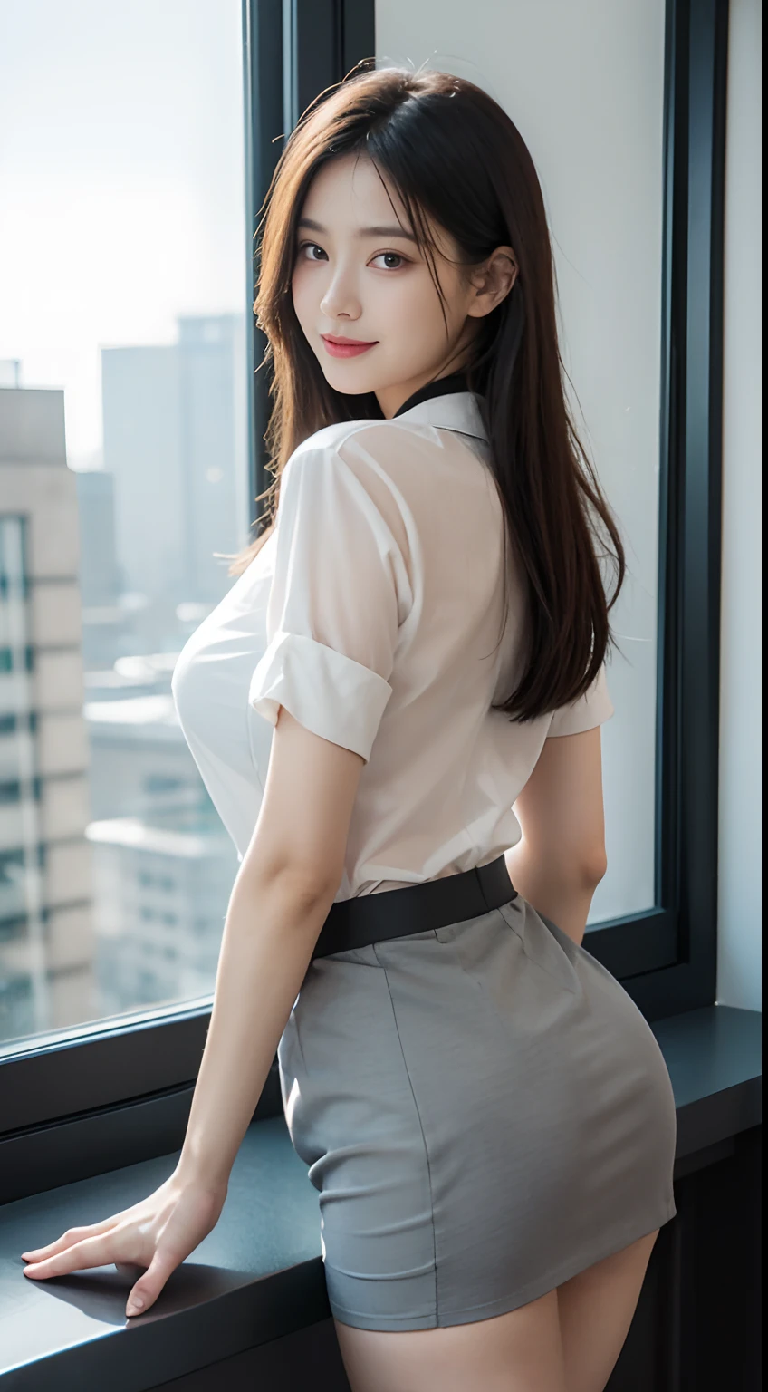 Masterpiece, Best quality, (Realistic, photo-realistic:1.37), 8K, An extremely delicate and beautiful, Amazing, finedetail, offcial art, absurderes, unbelievable Ridiculous, hugefilesize, Ultra-detailed, Extremely detailed,(Realistic skin), Beautiful and delicate girl, 1girll, (perfect women figure),full body pov, mediuml breasts,Wear a business see-through shirt,grey skirt,Wearing black stockings,The thighs are tied with straps,Stand by the office window,tiese,ssmile,looking back over shoulder at viewer