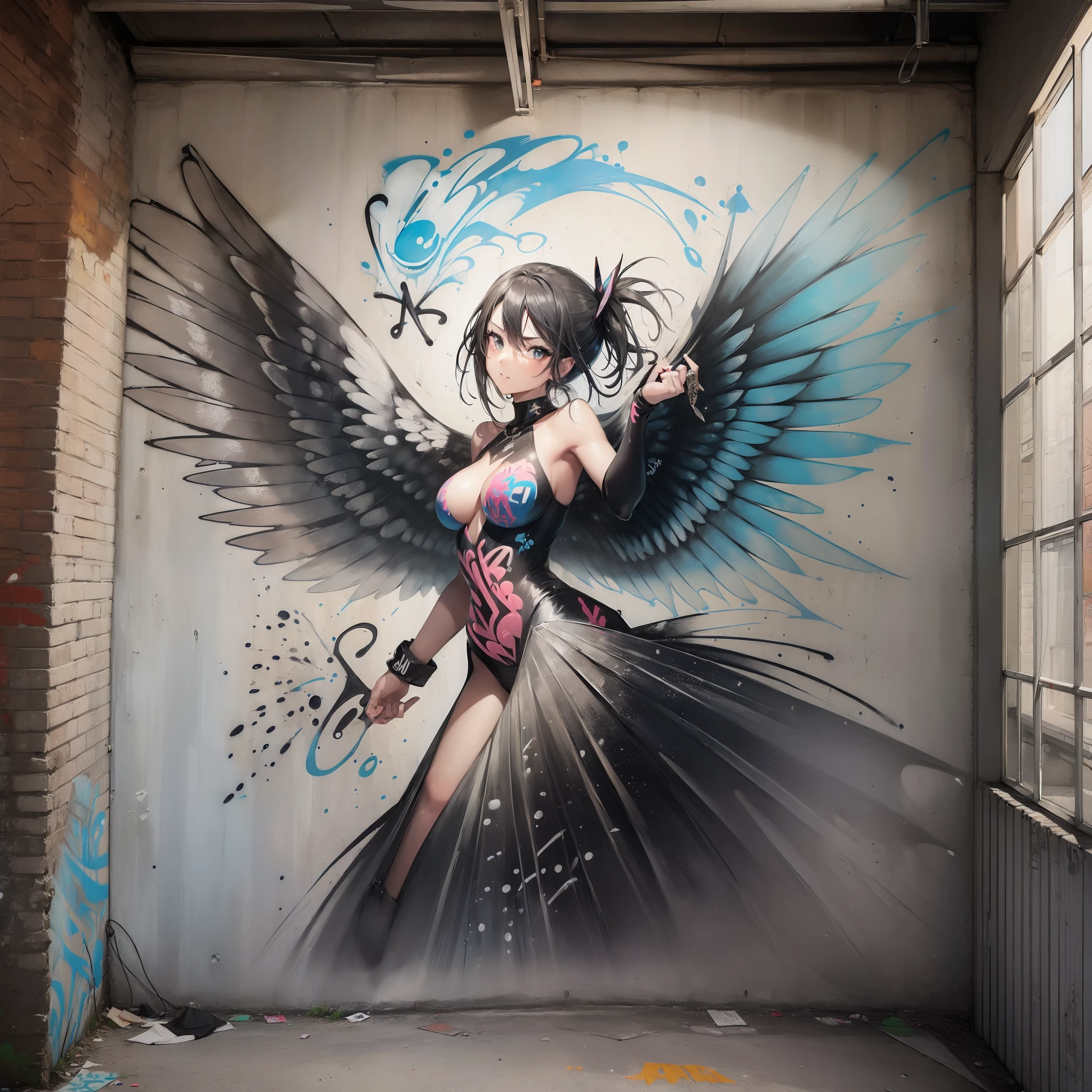 (((street art graffiti illustration:1.3))), Painted on the walls of old buildings:1.3、Fantastic landscape painting street art graffiti illustration:1.3、On the walls of old buildings、Street art graffiti, Political illustrations with strong messages on train cars, Illustrations depicting anti-war messages: I draw pictures of succubus with wings unfurled