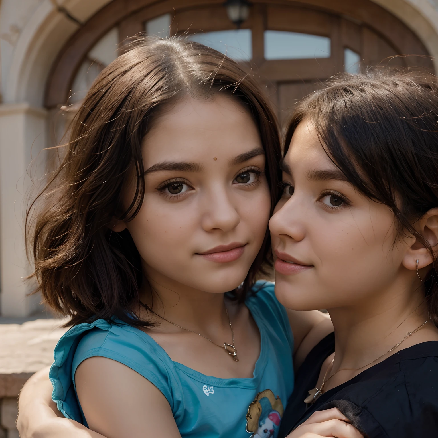 Una madre abrazando seis hijas y un hijo en caricatura Disney