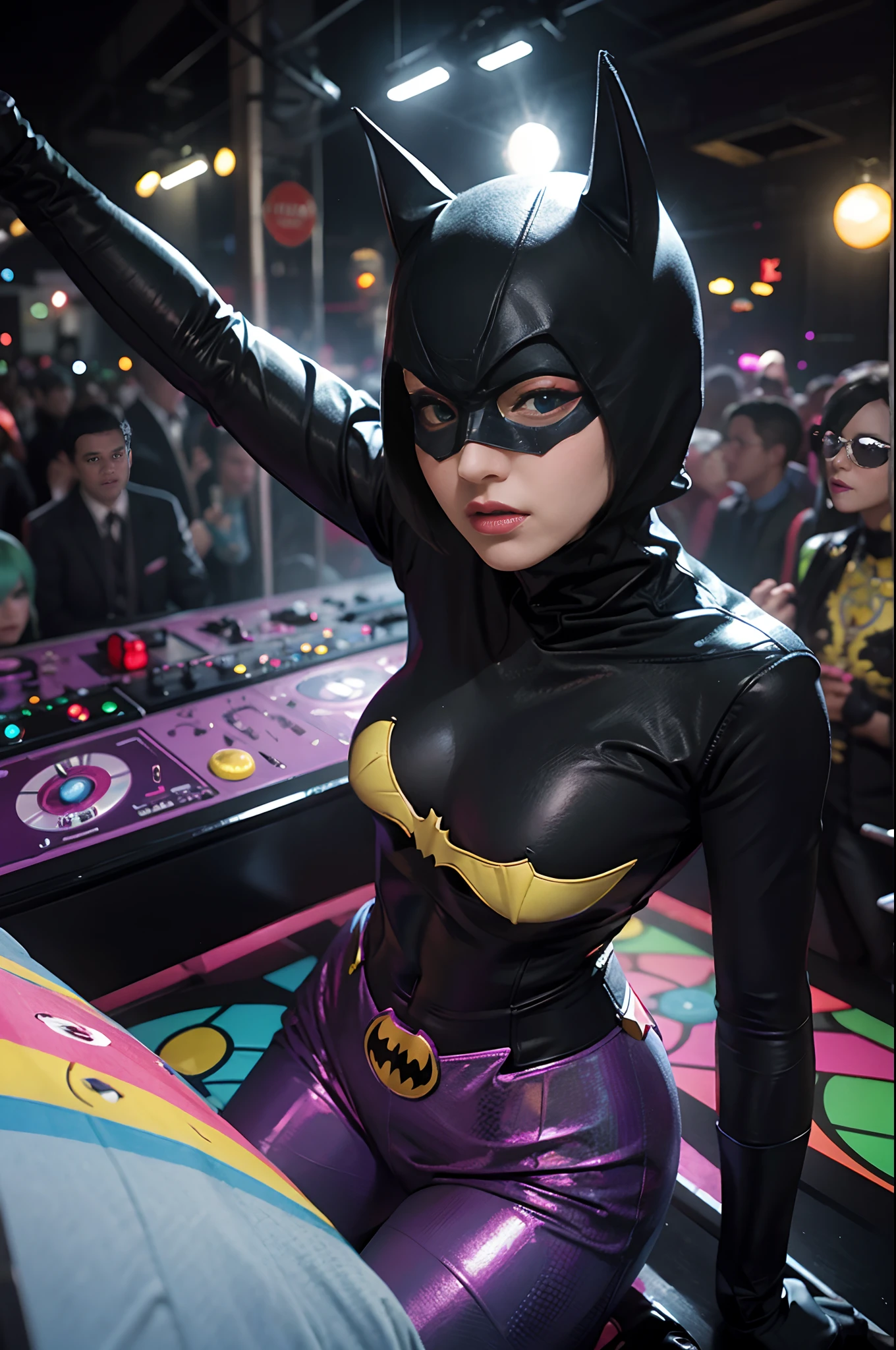 Batman of the '60s television series, dancing a-gogo in a psychedelic discothèque, many people dancing, disco lights, very colouful image, whimsical, funny. Highly detailed