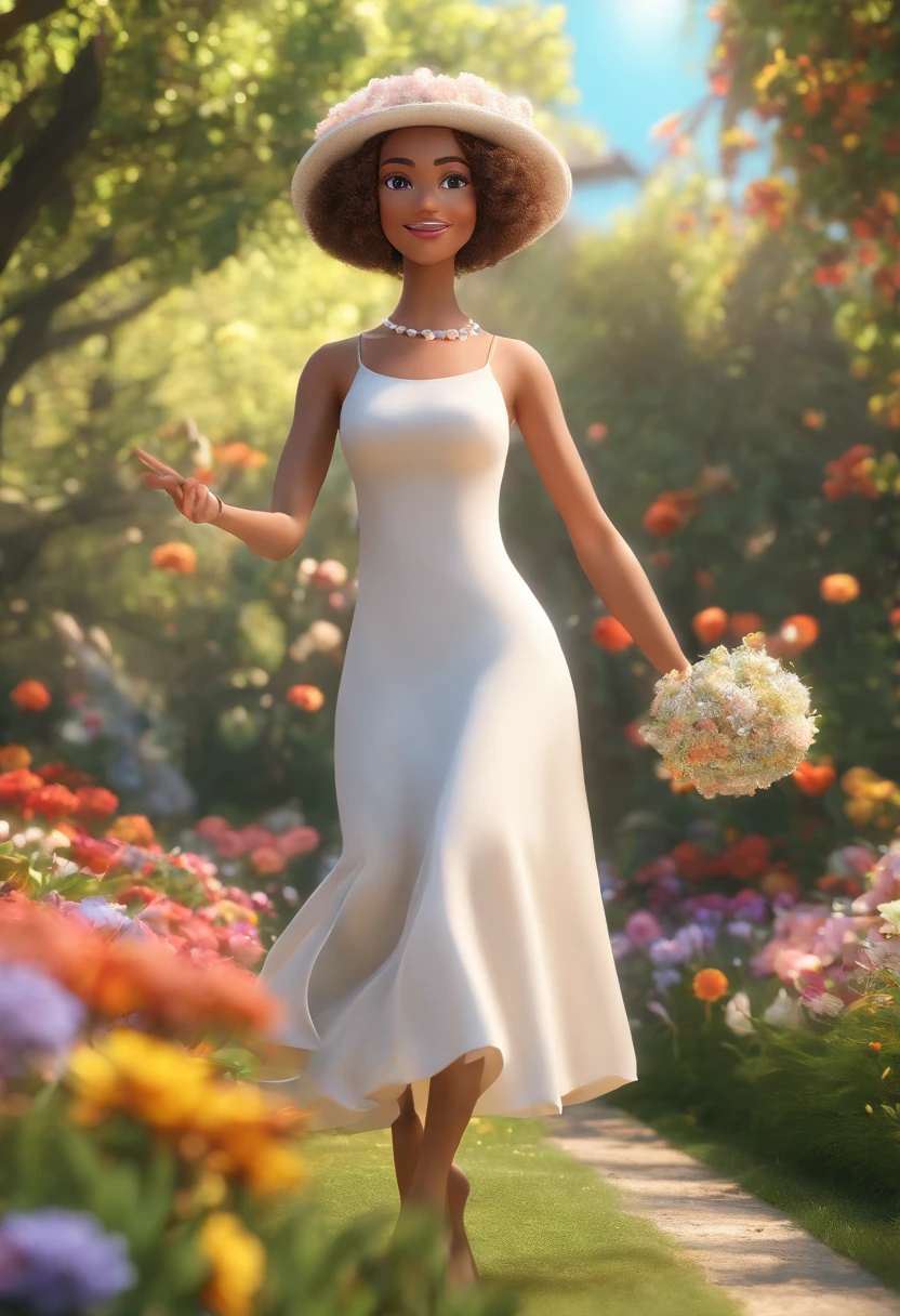Mulher baixa de vestido branco, 45 anos, com cabelos Chanel castanho escuro e olhos marrons sonhadores, Ballet dance in the middle of the garden with flowers in the sun,Detalhes completos,Pixar
