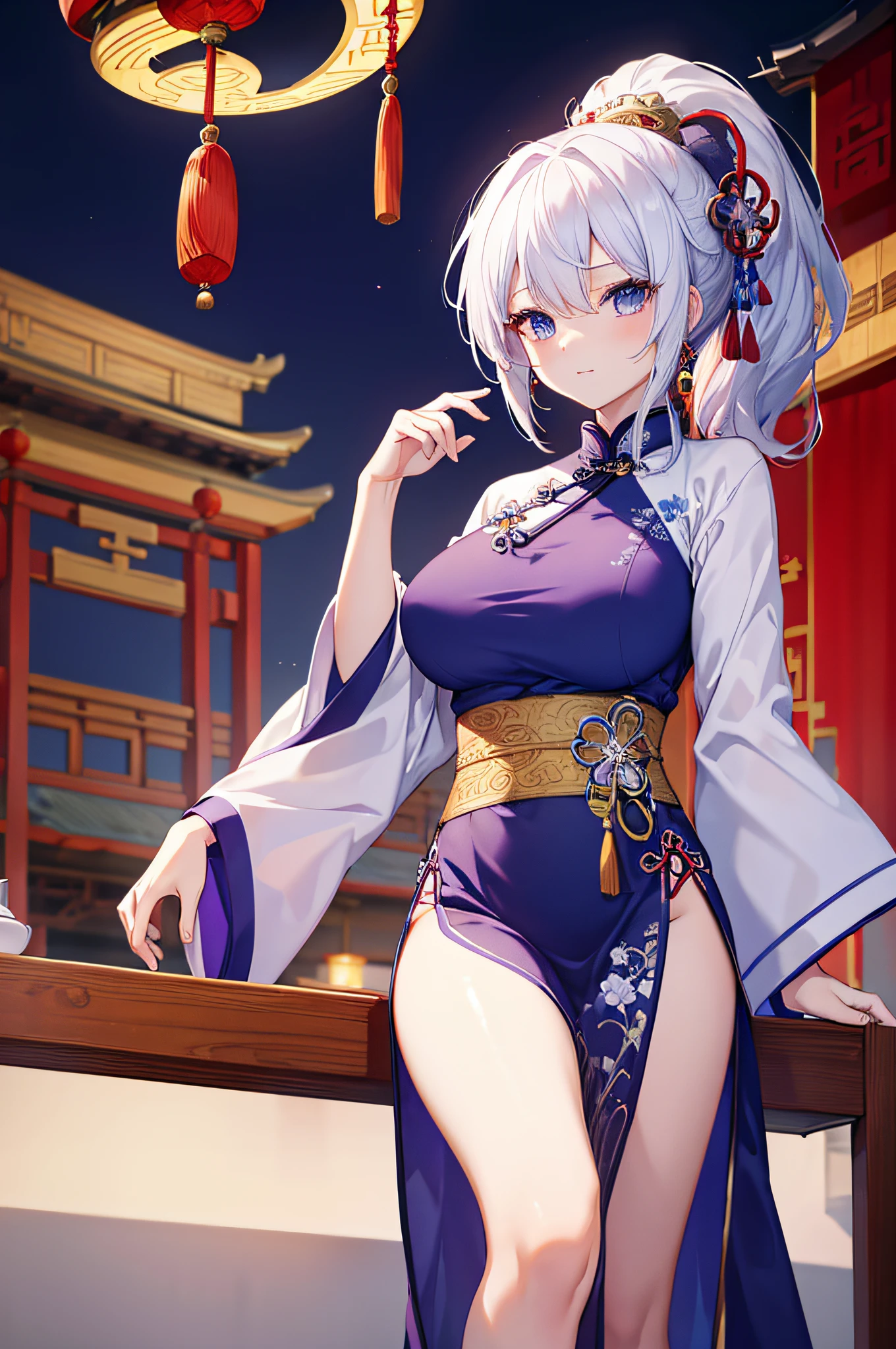 Masterpiece, Top Quality Anime Illustration, Super Detail, One Girl, Solo, Beautiful Girl with Silver Hair, Anime Loli, Cat Ear Loli, See-through Cheongsam in Light Color Night Color, Short Cheongsam, Sleeveless, Smile, Bare Skin Side Breast, Thigh Focus, Cleavage Enhancement, Hot Spring