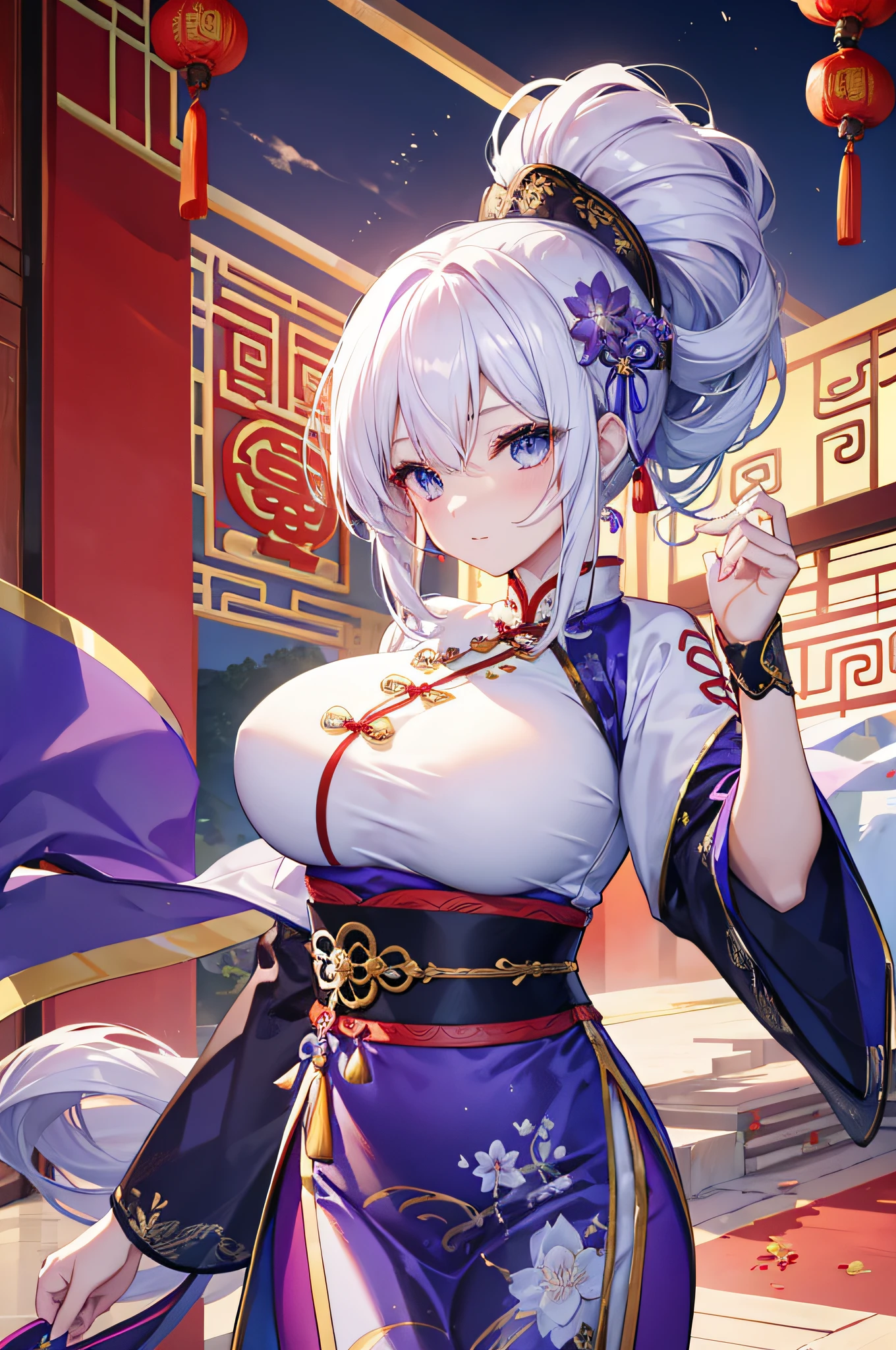 4k,hight resolution,One Woman,White hair,Short ponytail,Blue eyes,Huge breasts,Ancient Chinese queen,Purple cheongsam,Chinese royal family
