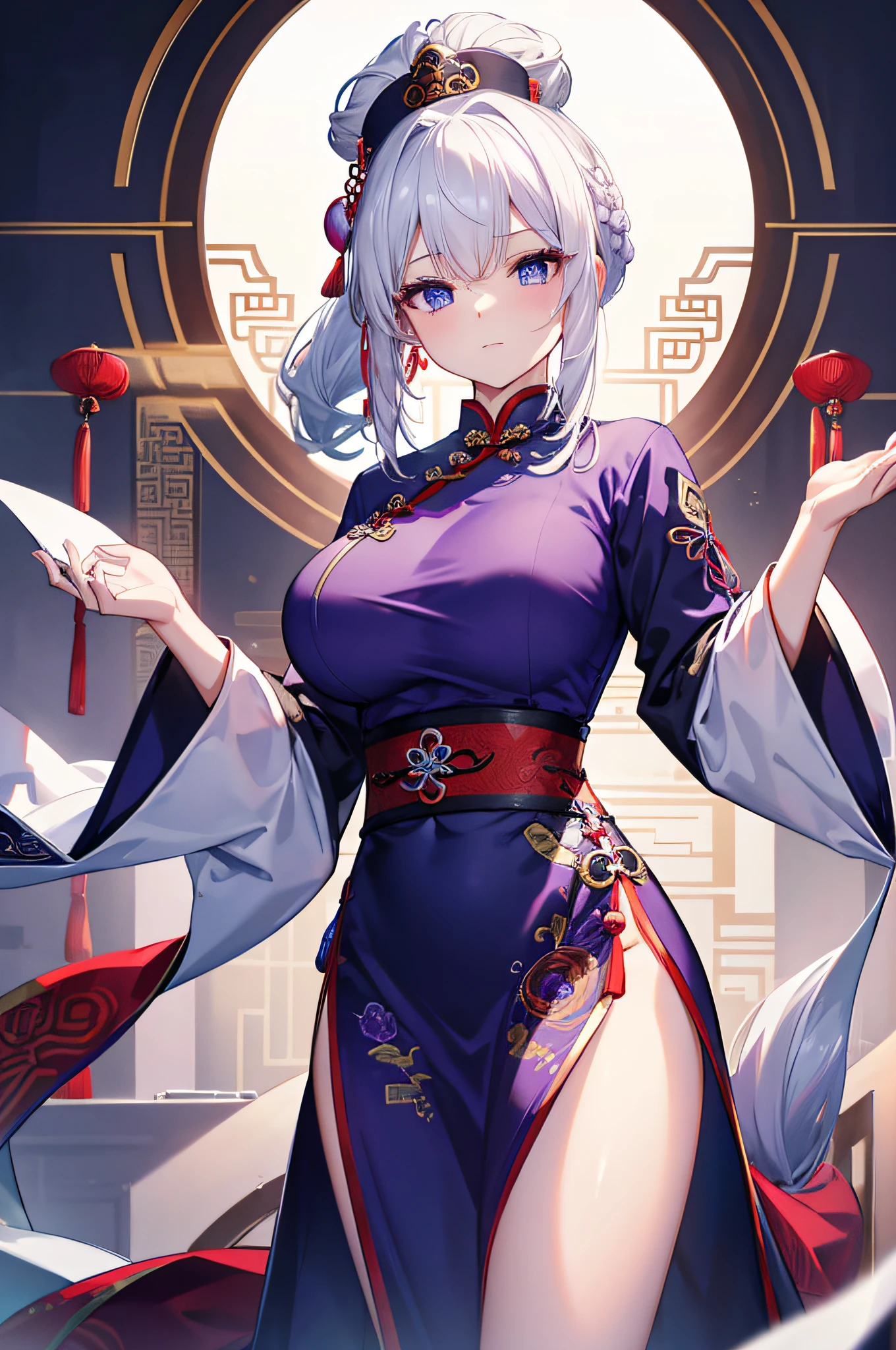 4k,hight resolution,One Woman,White hair,Short ponytail,Wolf ears,Wolf's tail,Blue eyes,Huge breasts,Ancient Chinese queen,Bright purple cheongsam,Chinese royal family