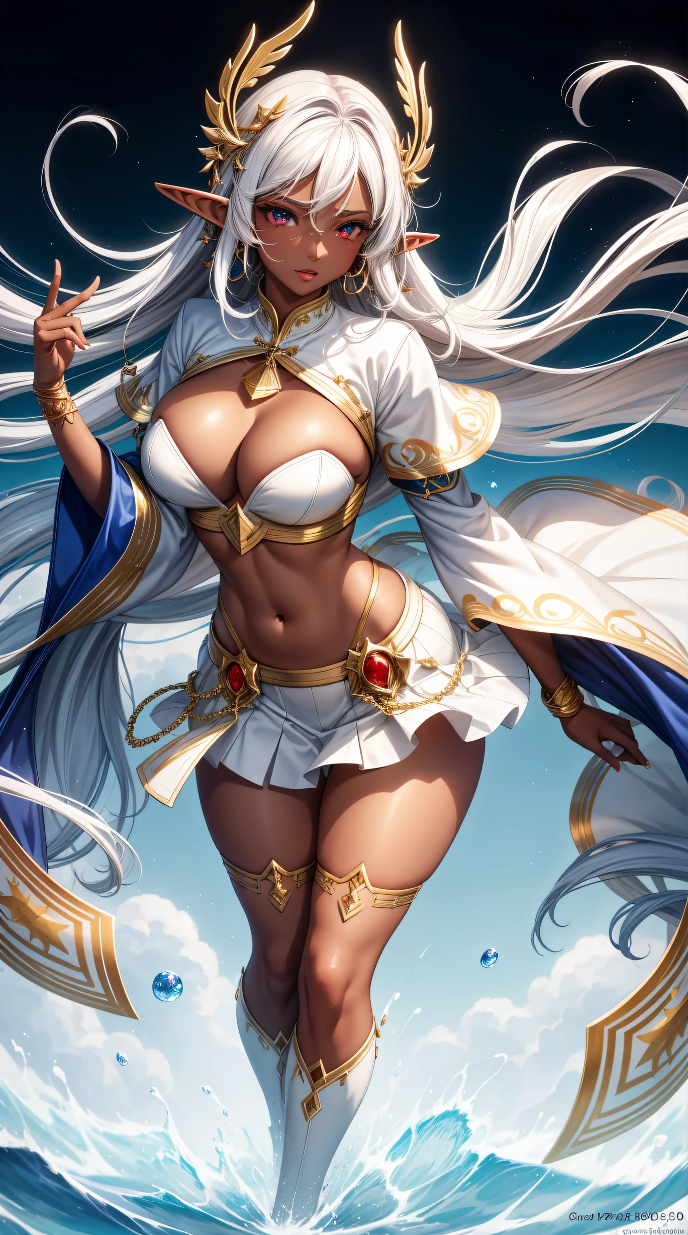 (best quality:1.5, highres, UHD, 4K, detailed lighting, shaders), white hair, gradient hair, elf ears, red eyes, large breasts, big butt, big thighs, big wings, woman small shirt, small skirt, white panties, white skirt, (pov), full body, white background, colorful eyeshadow, dramatic lighting, sparkling eyes, confident expression, golden earrings, flowing hair, delicate facial features, dark skinned, high cheekbones, stylish clothing, urban setting, white background