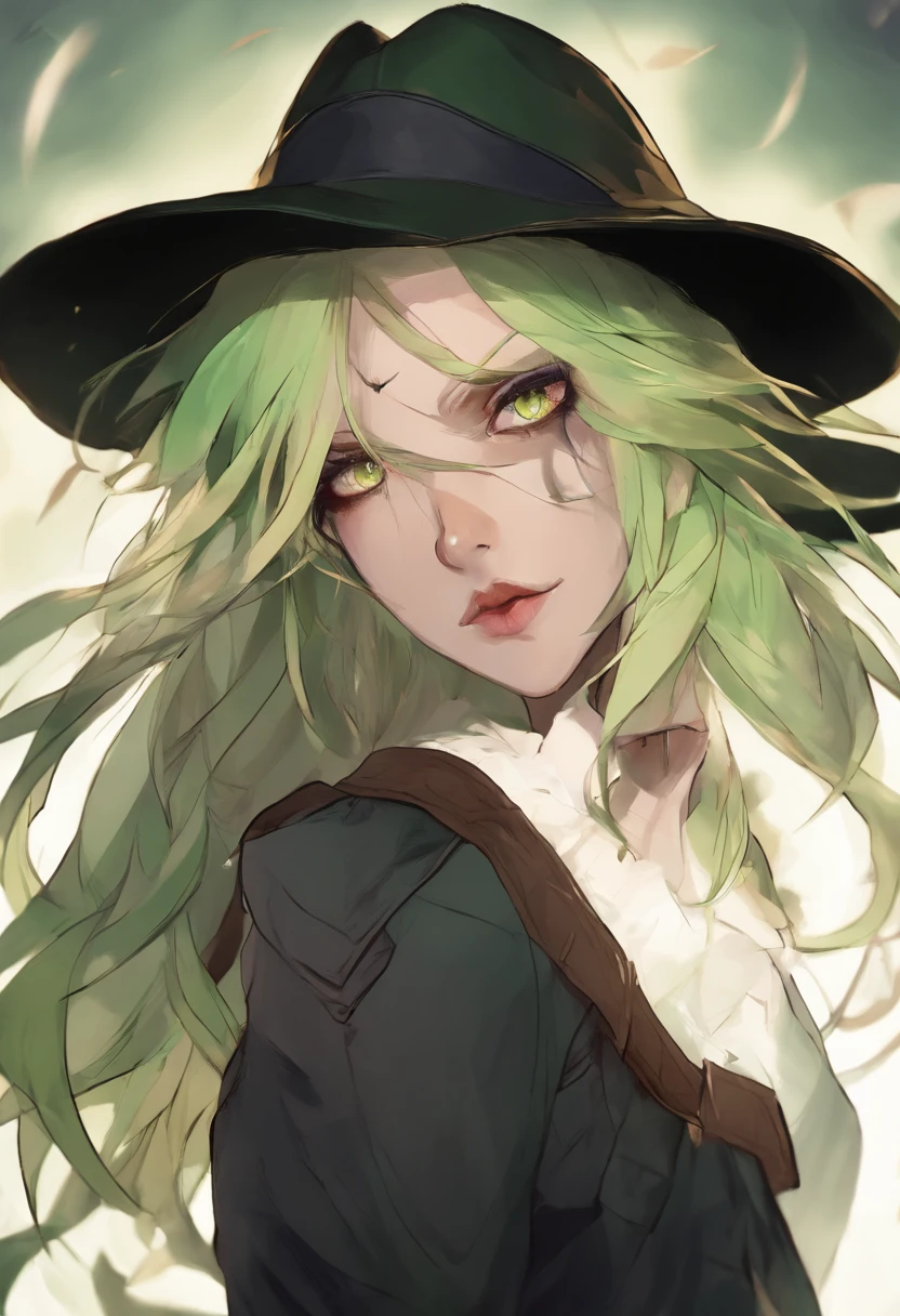 (best quality,realistic),sinister woman,green long hair,police vest,sharp focus,detailed eyes,detailed lips,ultra-fine painting,portrait,dark atmosphere,professional styling,strong lighting,vivid colors
