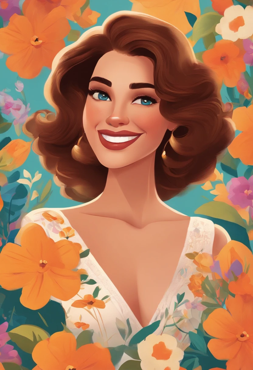 Create a Disney-style gay poster titled 'Tiana' She's a brunette, cabelos cacheados na altura dos ombros, sorridente, usando roupas pretas, And she's a white woman, usando luvas e terno, smiling against a floral backdrop with vibrant Disney Pixar colors and textures featuring a couple. arte digital deve evocar o estilo da Pixar, Reminiscent of animated features. Focus on character expressions, cores vibrantes, e texturas altamente detalhadas