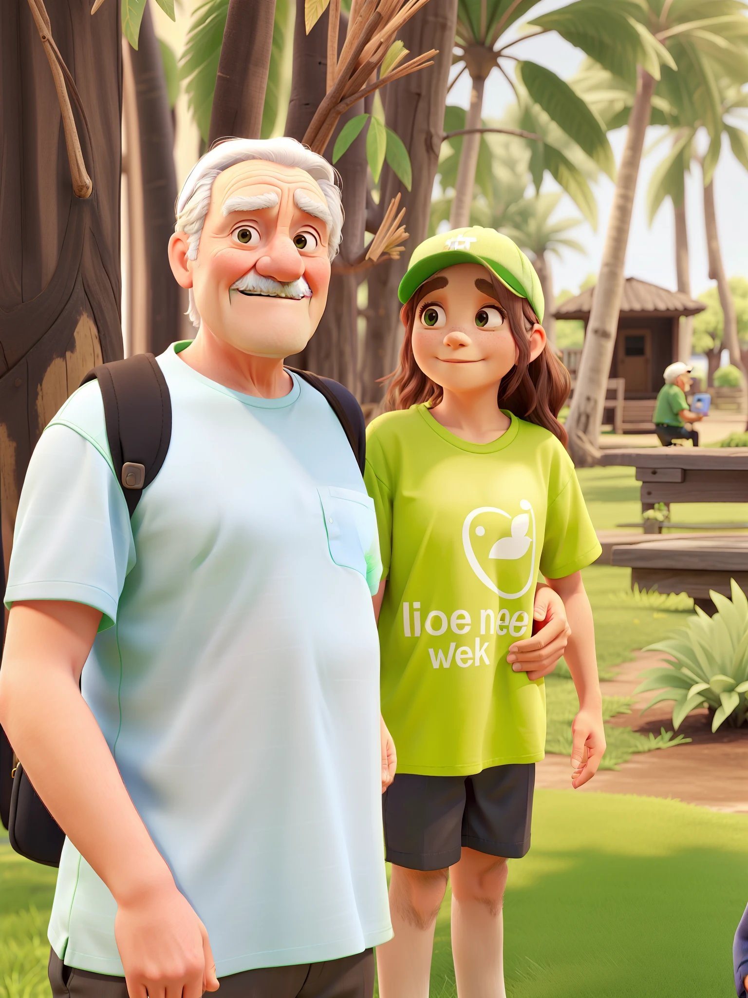 A old man stand up beside a young girl wearing a cap and a green shirt