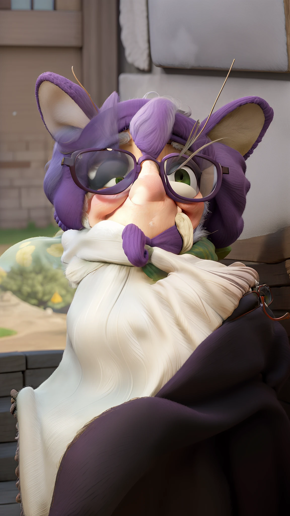 masterpiece, best quality, an old woman with glasses and a scarf on, wearing a purple coat and green scarf, standing at the park