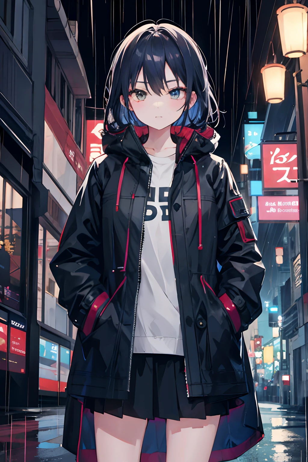 1girl, jacket, rain, outdoor, hoodie, open jacket, chain, backpack, looking at another, messy hair, trending on artstation, 8k resolution, highly detailed, anatomically correct, sharp image, digital painting, concept art, trending on pixiv, style of makoto shinkai,