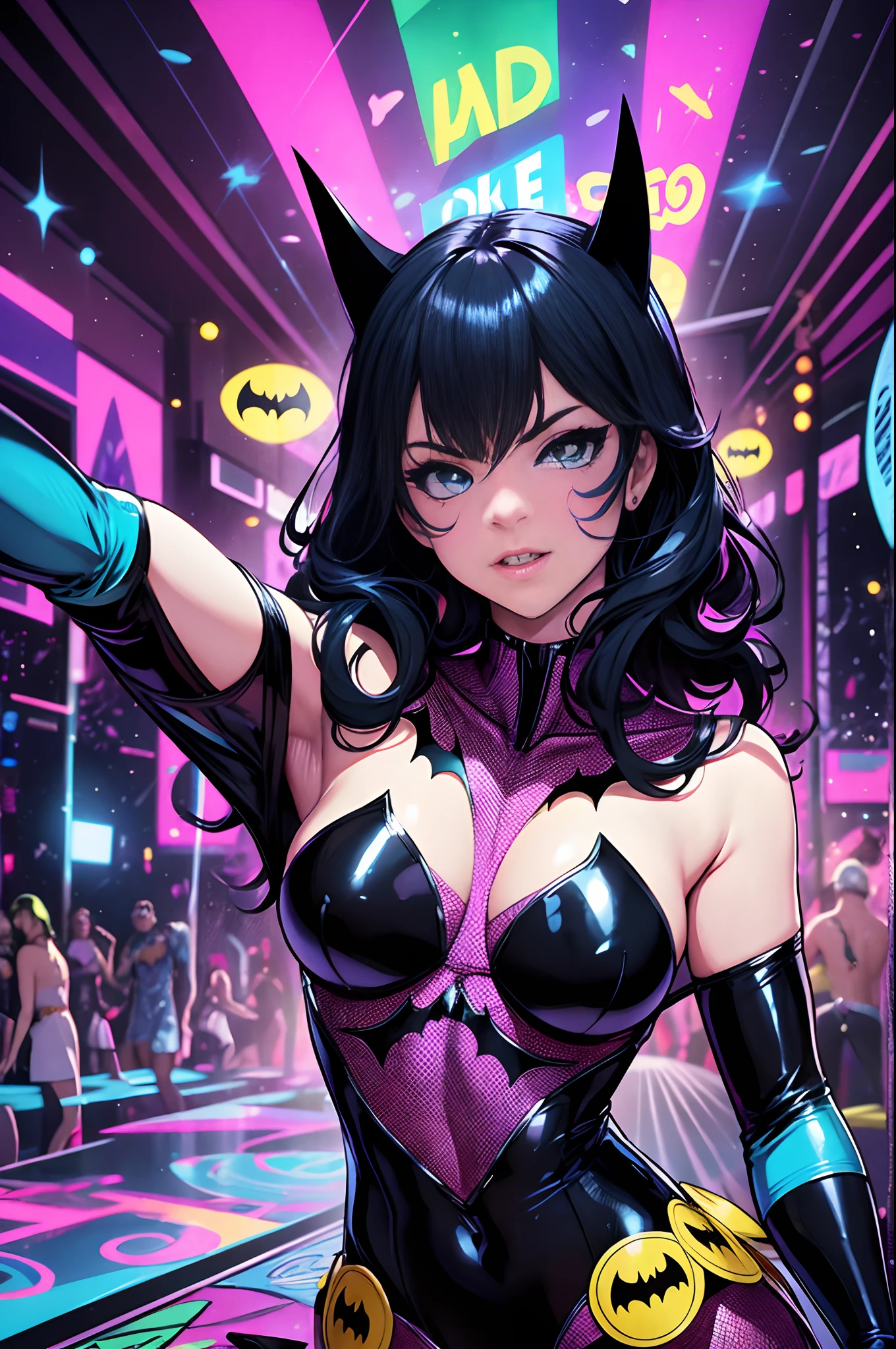 Batman of the '60s television series, dancing a-gogo in a psychedelic discothèque, many people dancing, disco lights, very colouful image, whimsical, funny. Highly detailed