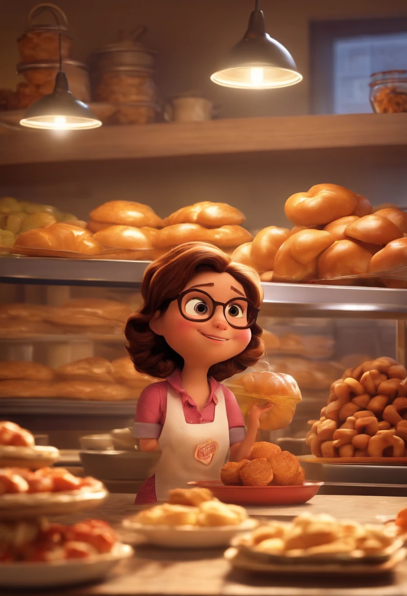 Uma mulher adulta gorda com cabelos vermelhos escuros, utilizando roupa de cozinheira/confeiteira, dentro de uma confeitaria profissional estilo filmes Pixar, Com nome "Little piece of heaven", poster, with credits