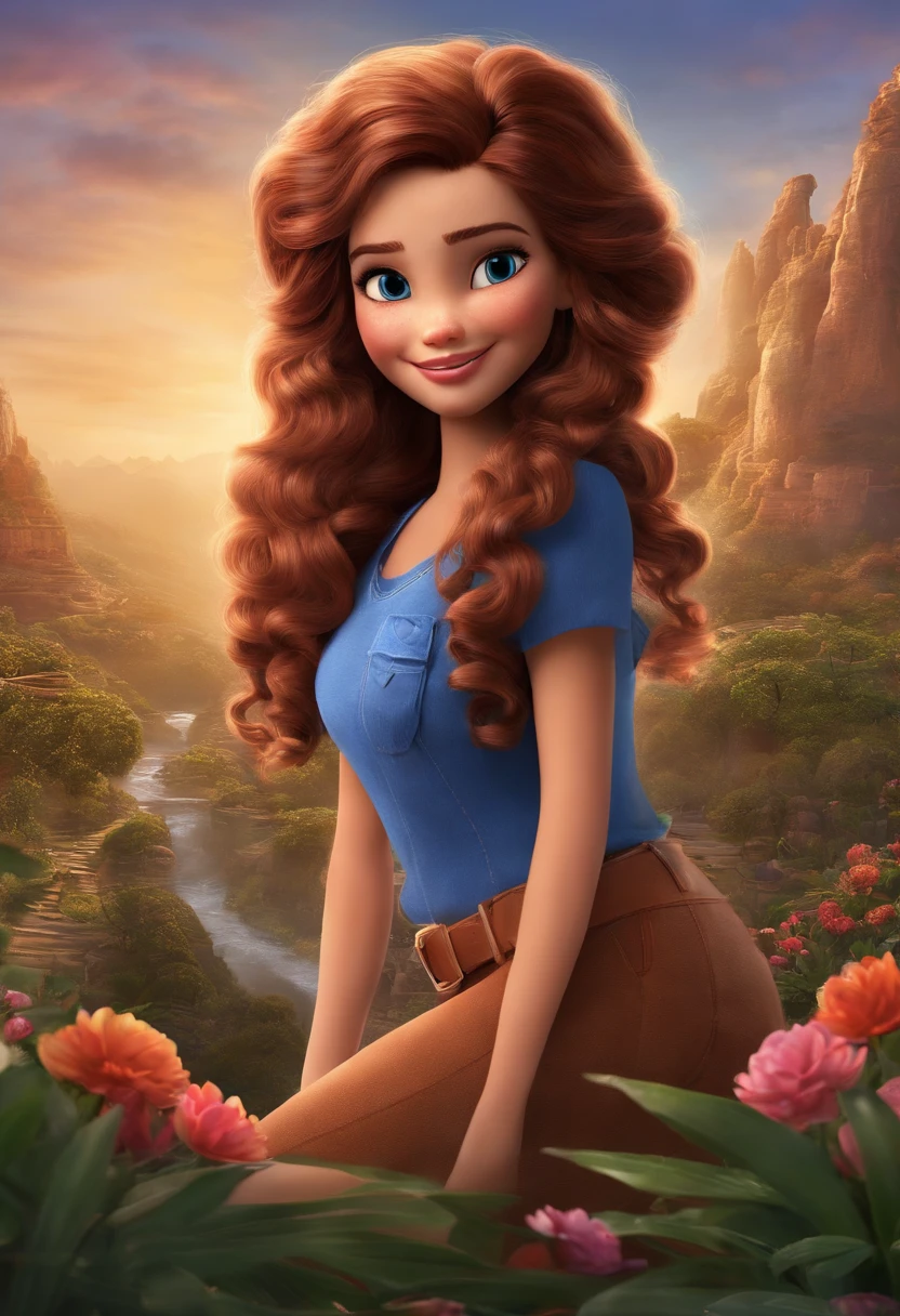 Clinayari San uma menina de  anos de idade cabelo castanho olhos rosa roxo roupa jeans azul,She doesn't know how she became an orphan, so she wants to know what her origin is like and the name of the movie is Clinayari and her Disney pixar origin