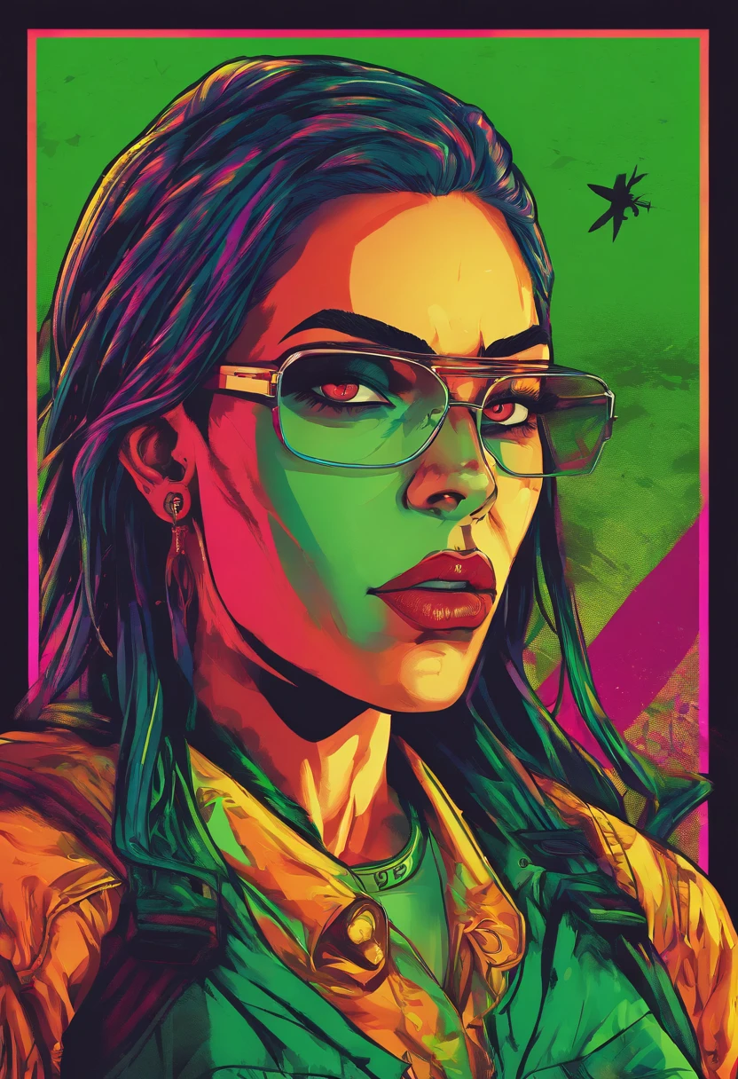 (best quality,highres:1.2),portrait,dark-haired woman with long green hair, wearing a police vest,sinister expression,sharp focus,surreal colors,detailed facial features,dark background
