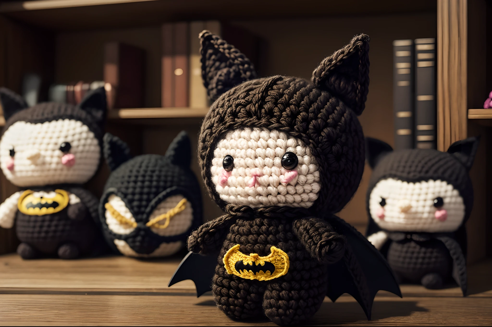 Close up of crocheted beautiful amigurumis of Batman, realistic textures, highly detailed, on a wooden shelf, cinematic illumination.