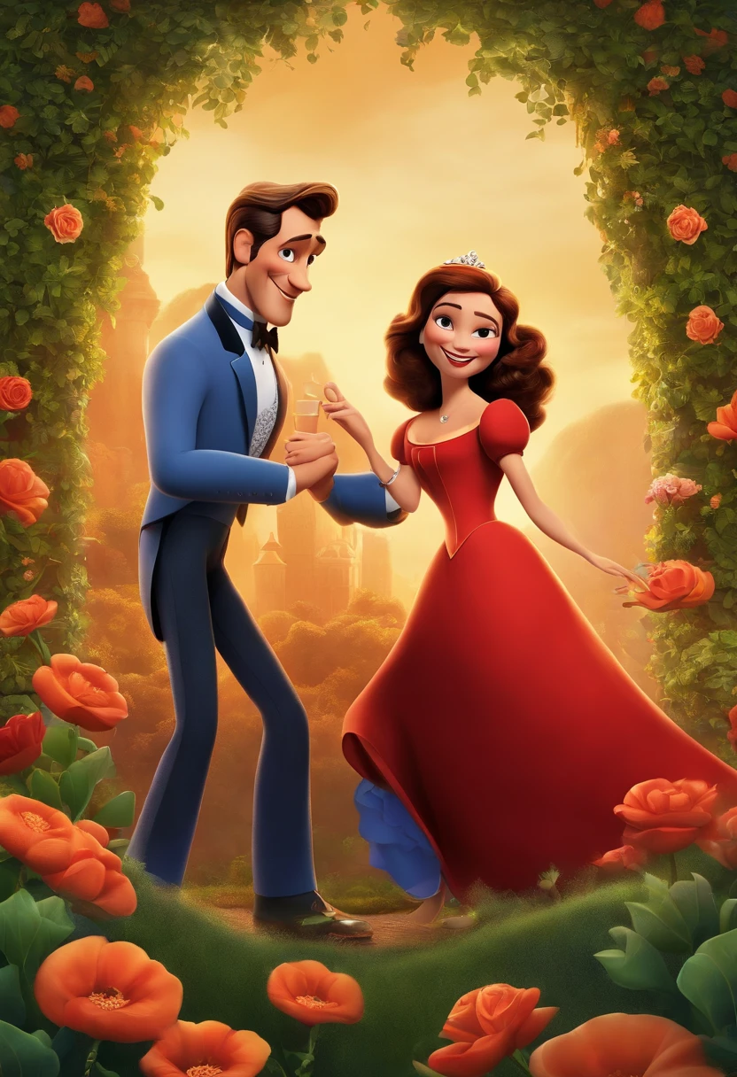 Create a Disney-style gay poster titled 'Tiana': a WOMAN is a brunette, cabelos cacheados roxos na altura dos ombros, sorridente, usando roupas pretas, And his eWIFE wife is a white woman, de cabelo cacheado preto usando luvas e terno, Smiling married against a floral backdrop with vibrant colors and textures from Disney Pixar with a couple. arte digital deve evocar o estilo da Pixar, Reminiscent of animated features. Focus on character expressions, cores vibrantes, e texturas altamente detalhadas