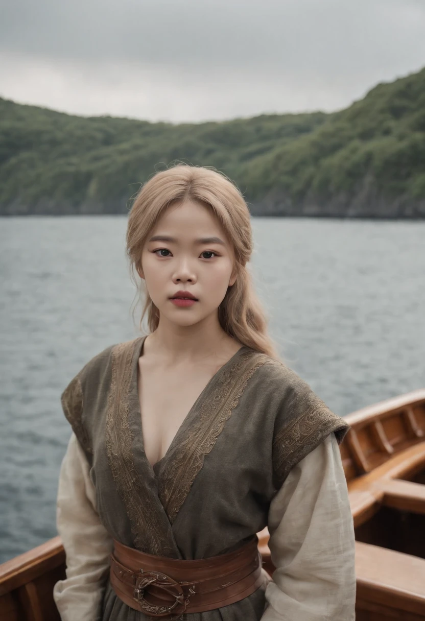 retrato do Park Jimin viking realista em seu barco sobre ondas gigantes super detalhado