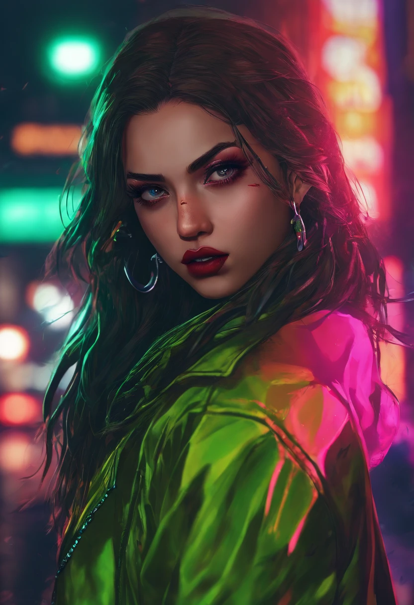 (best quality,4k,8k,highres,masterpiece:1.2),ultra-detailed,(realistic,photorealistic,photo-realistic:1.37),detailed face and eyes,green long hair,menacing expression,mysterious atmosphere,night city background,criminal-themed,bold shadows,dark and moody,gritty,urban setting,eerie lighting,neon lights,heavy makeup,dark lipstick,shadowy figure,captivating gaze,intense stare,powerful stance,futuristic elements,color grading,high contrast,anime style