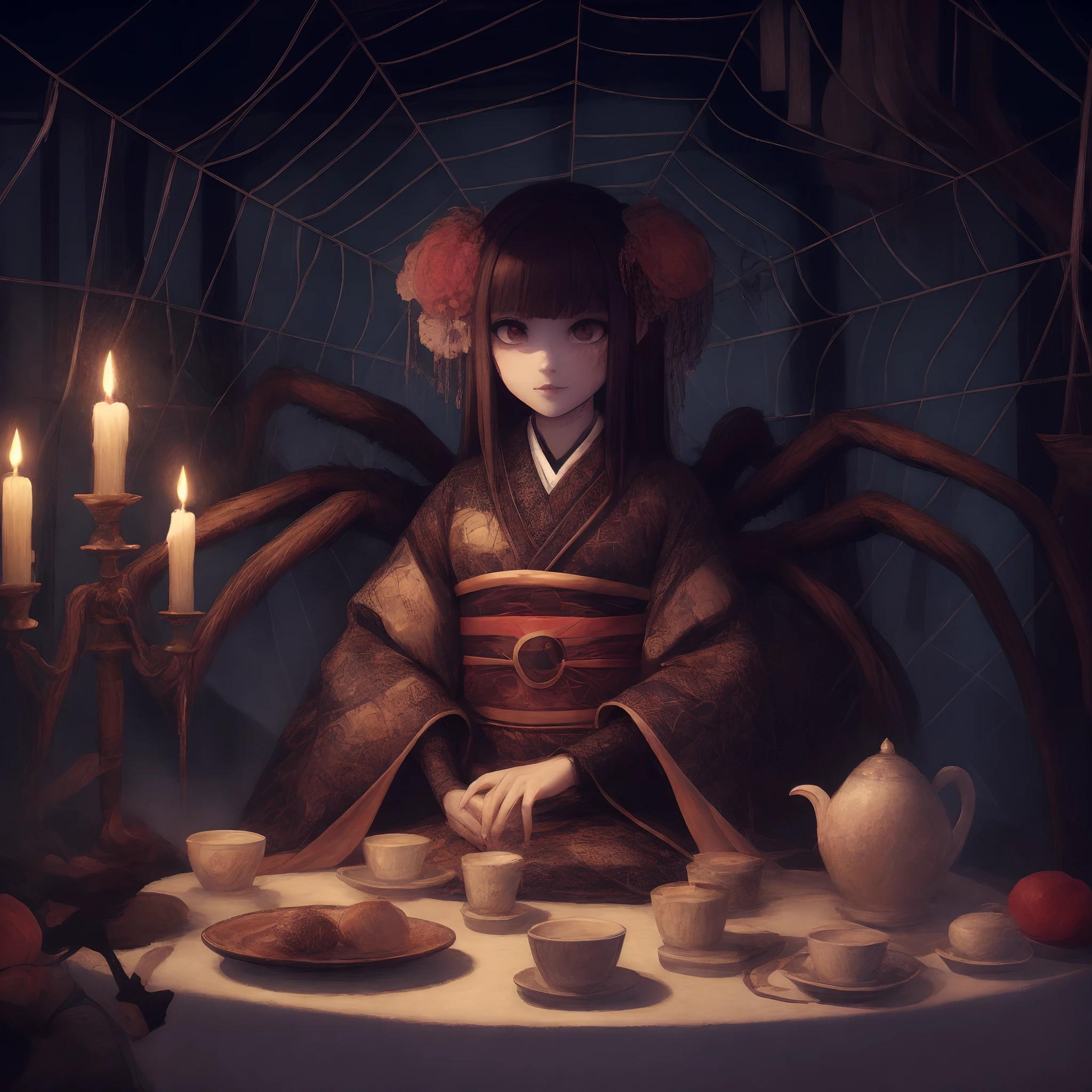 spider girl. Wear kimono. Spider web embroidery. tea party. Inside a dark mansion. candle. Rose flowers on a plate.