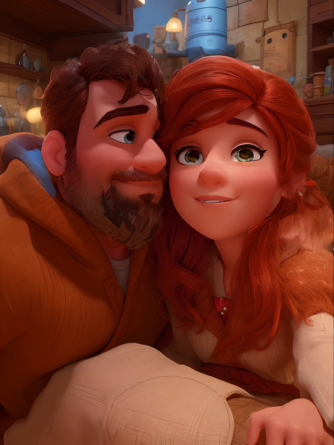 Um homem moreno de 32 anos e uma mulher branca de 32, ambos de olhos  castanhos, sentados, estilo pixar,  alta qualidade