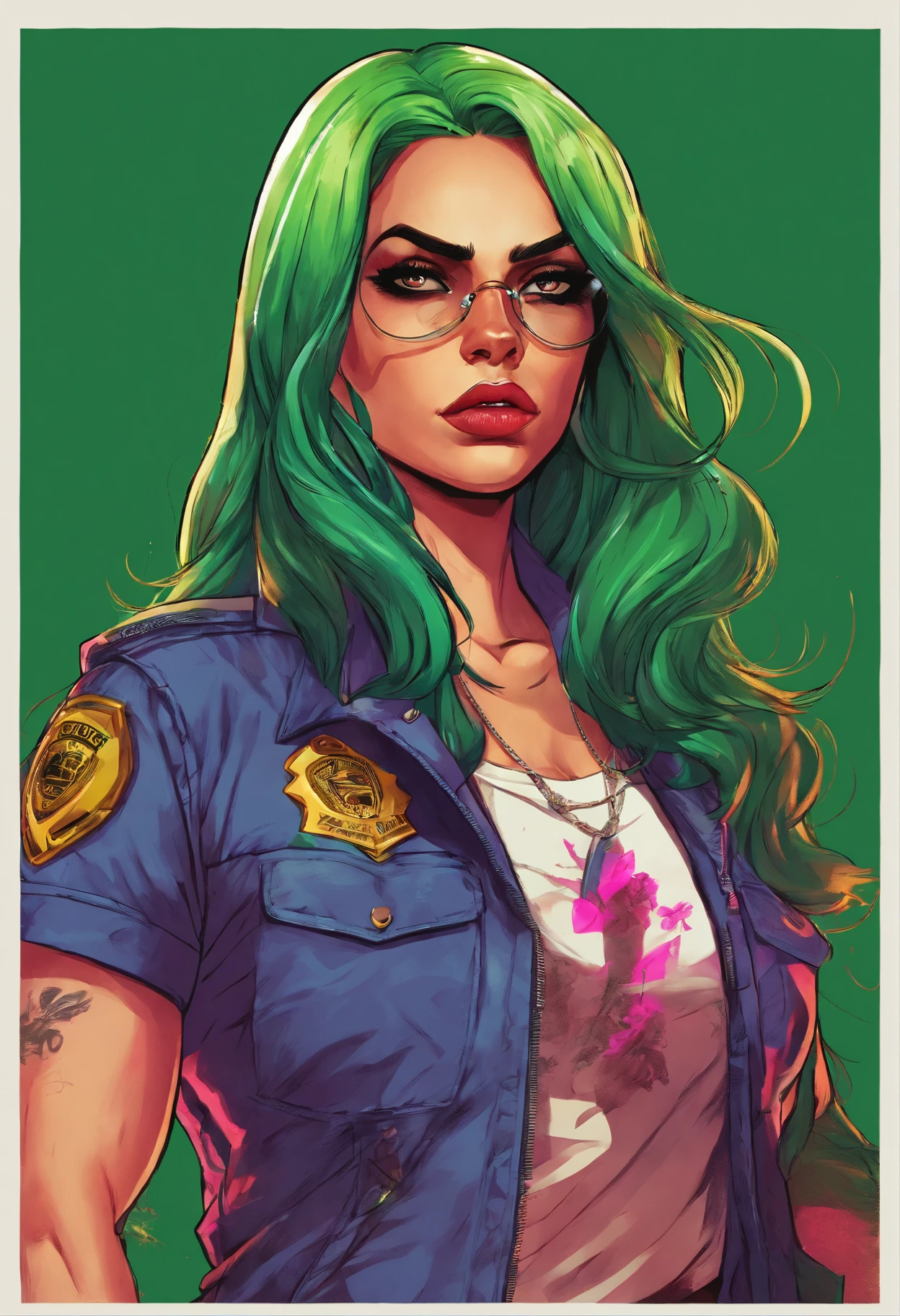 (best quality,highres:1.2),portrait,dark-haired woman with long green hair, wearing a police vest,sinister expression,sharp focus,surreal colors,detailed facial features,dark background