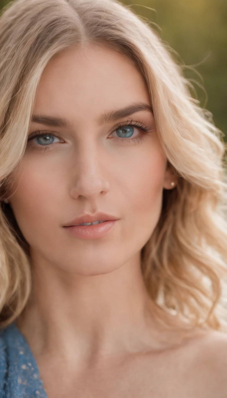 Una hermosa mujer rubia con cabello rizado, ojos azules, piel bronceada, en ropa de verano, manos sosteniendo su cabello, Hermoso paisaje natural, muy detallado, muy realista