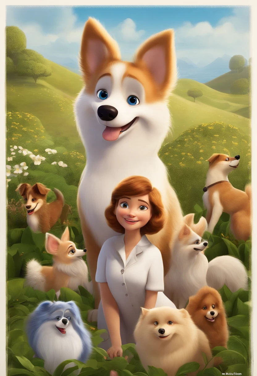 Create a poster inspired by Disney Pixar movies, Featuring a medium height girl with brown hair, Full lips and big honey-colored eyes along with her all-white German Spitz dog, cachorro de pelo bem cuidado com dentes caninos afiados e um pouco gordinho e pontiagudos brincando. The poster is titled 'Bela in Dogland.« Digital Art Should Be Pixar-Style, reminiscent of an animated feature.