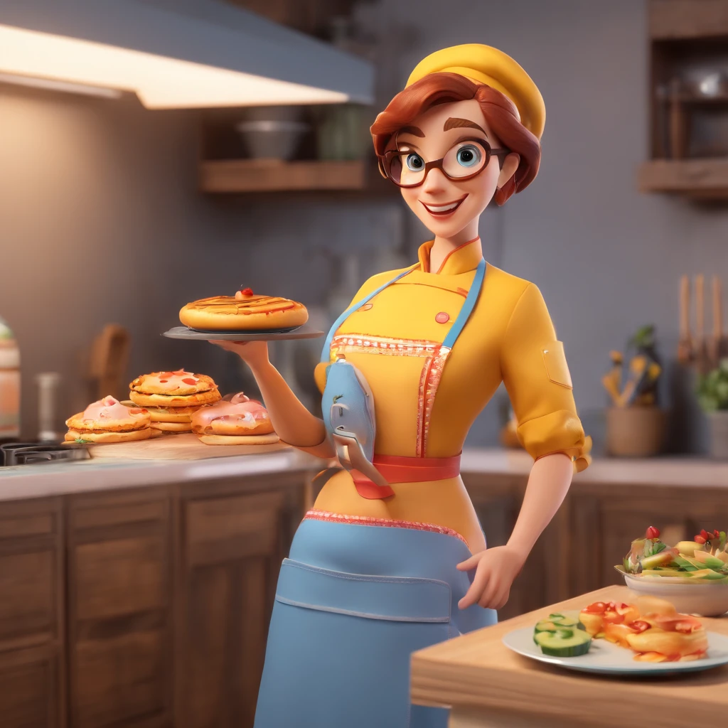 Crie uma cena de desenho animado estilo 3d -Pixar, Onde uma mulher, de cabelos lisos castanhos com 35 anos de idade, She's cooking dressed as a pastry chef.