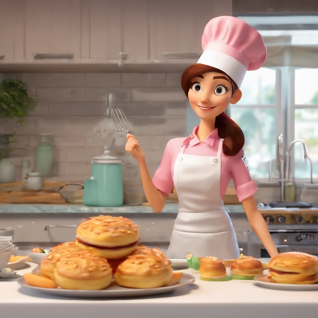 Crie uma cena de desenho animado  estilo 3d -Pixar, Onde uma mulher, de cabelos lisos castanhos com 35 anos de idade, She's cooking dressed as a pastry chef.