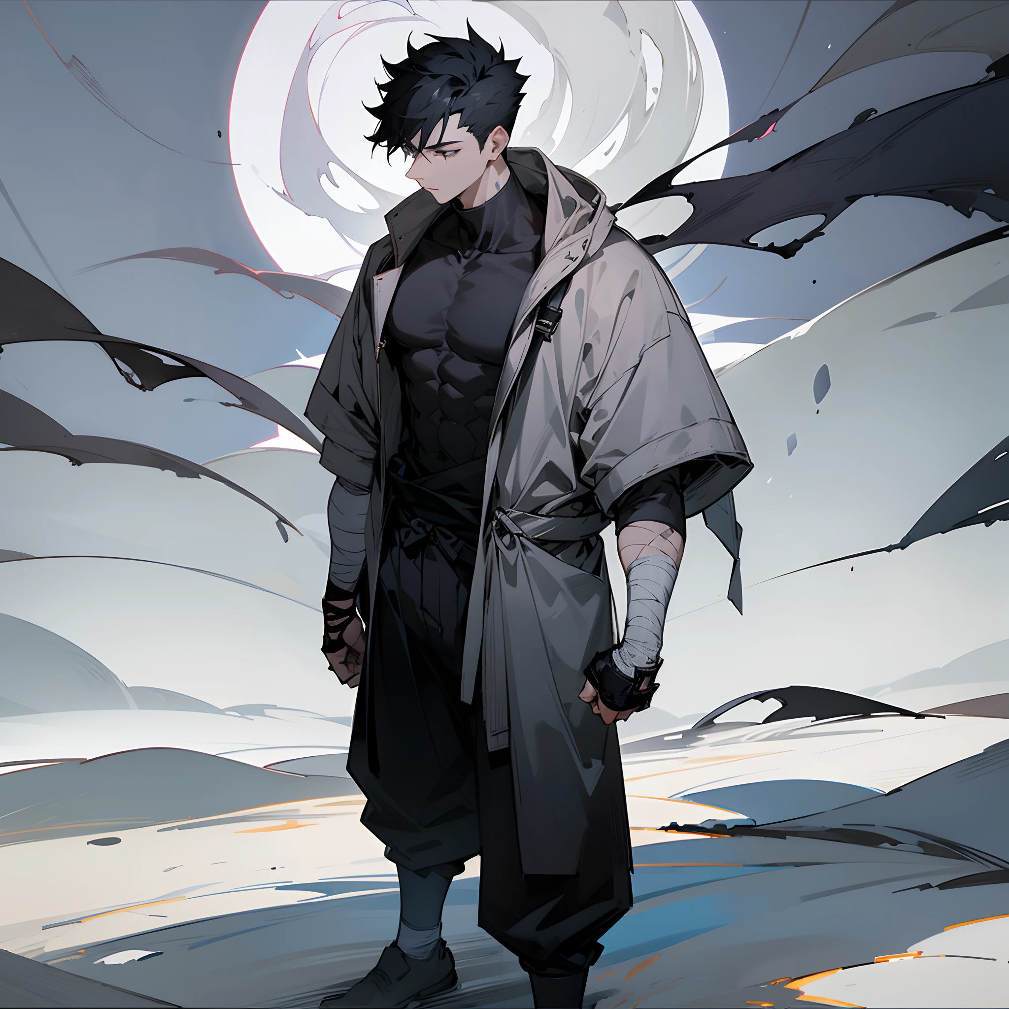 1male, adult, short spiked black hair, finely detailed grey eyes, black baggy pants, black sweatshirt, bandages wrapped around arm, moonlight, standing on path, expressionless, muscular