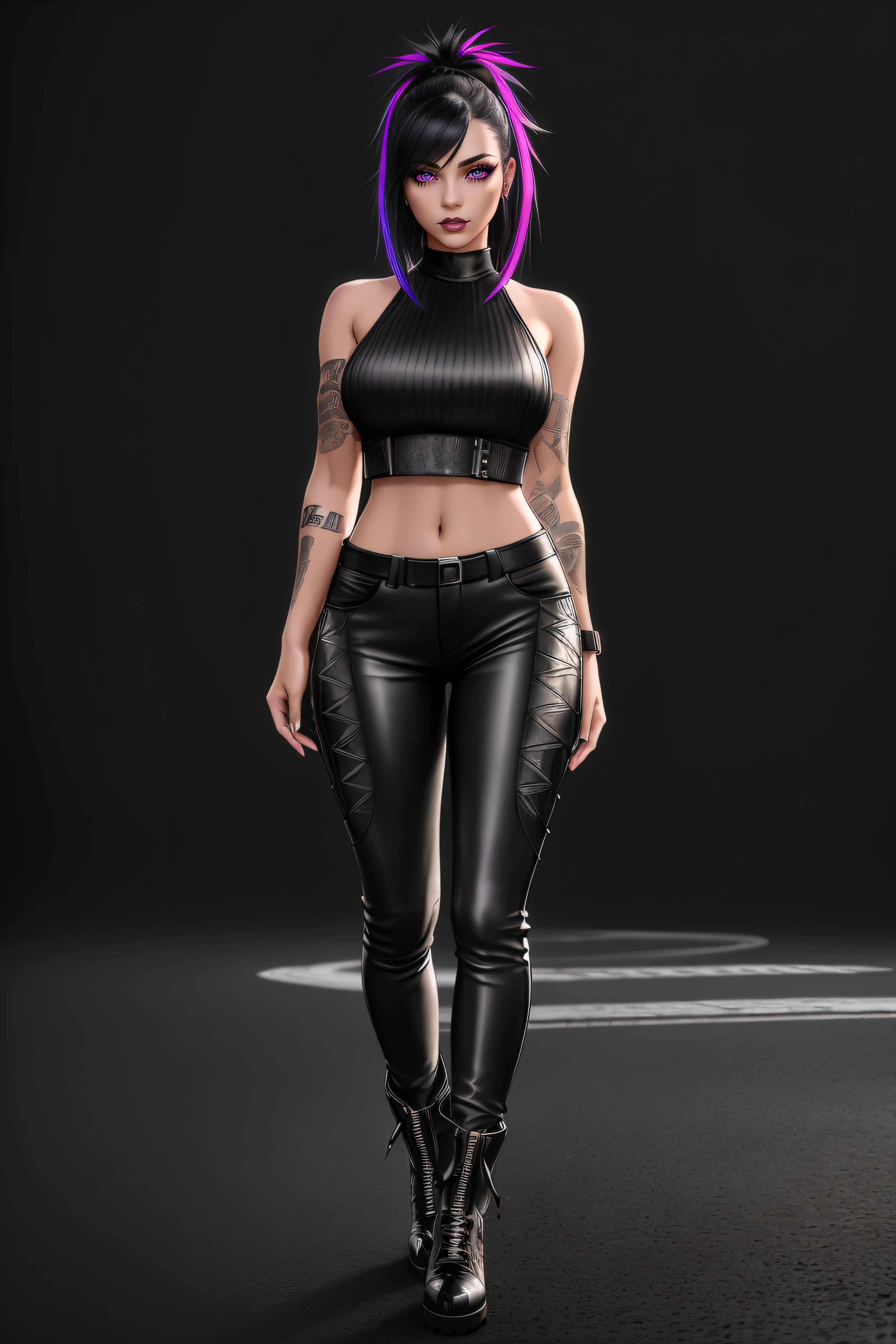 beautiful girl, ((standing:1.4)), (confident gaze:1.1), full body, short bright neon streaked black hair, ((realistic highly detailed eyes:1.4)), ((seductive pose:1.2)), black eyeshadow, (street style wear:1.2), ((tight fitted pants)), ((knee high leather boots)), (dark city night black background:1.4), dark makeup, digital art, trending on artstation, highly detailed, fine detail, intricate, detailed facial features, sharp focus, smooth, aesthetic,