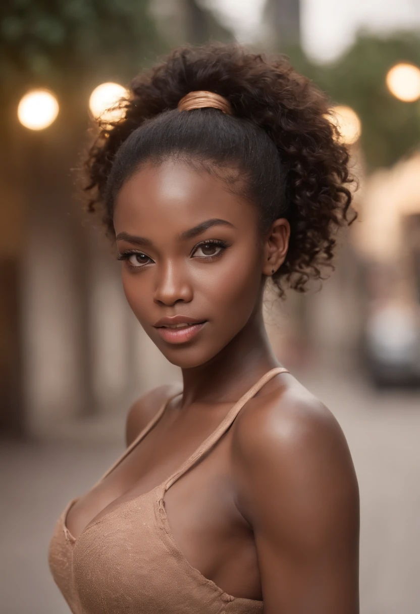 ((African dark skin, very deep ebony skin)), ((her beauty is undeniable)), ((animated cute face)), ((hyper detailed perfect eyes,)), ((cute pose)), (( tongue out)), ((seductive)), sexy, ((no shirt, sexy short shorts)), ((long curly African hair with afro ponytail,)), ((skin)), ((standing , front view)) , ((touching own legs in a sexy pose)), ((outdoor, public city)), sharp focus cgi, photorealistic, high detail, realistic, masterpiece, absurdities, best quality, HDR, high quality, high definition, extremely detailed, 8k wallpaper, intricate details, 8K uhd, Full-HD, (photo realistic: 1.2), contrast, strong lighting, cinematic lighting, natural lighting, hard light, background, global illumination, ambient occlusion