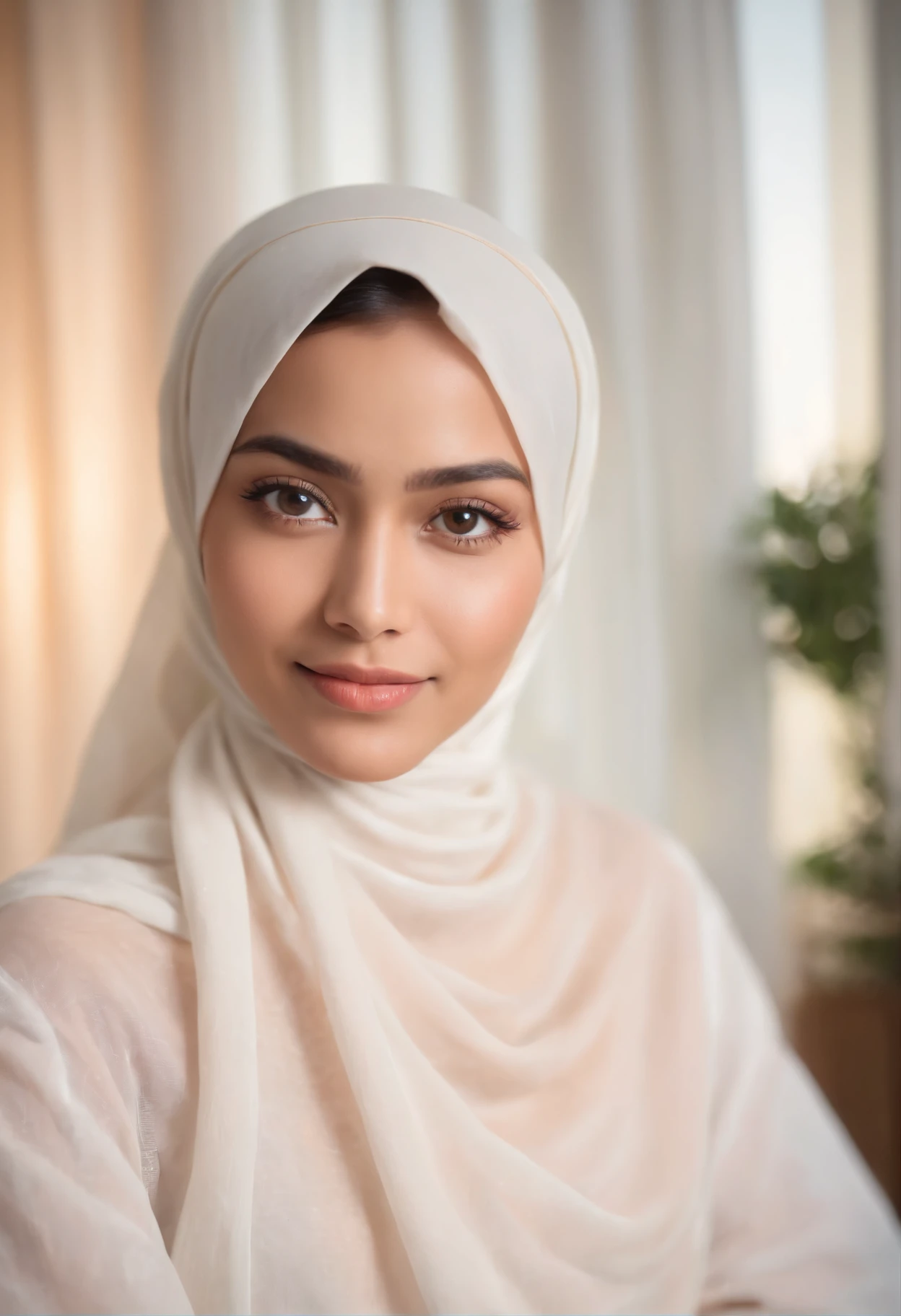 A photograph of an attractive Malay hijab woman, freshly awakened, capturing a home-made style selfie. She looks into the camera with sleepy yet content eyes. Beautiful smile, Background is a cozy bedroom with white linens. Soft, dawn light filters through sheer curtains, casting a golden glow on her face.