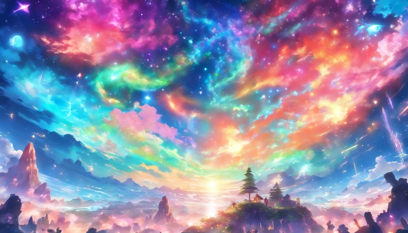 Mundo dos elfos de fantasia,A lua paira alta na noite,The galaxy hovers high,Meteoros voaram,Uma casa de cogumelos de elfo bonito,altamente detalhado,trend,Cores vivas jovem elfa sentada em uma pedra
