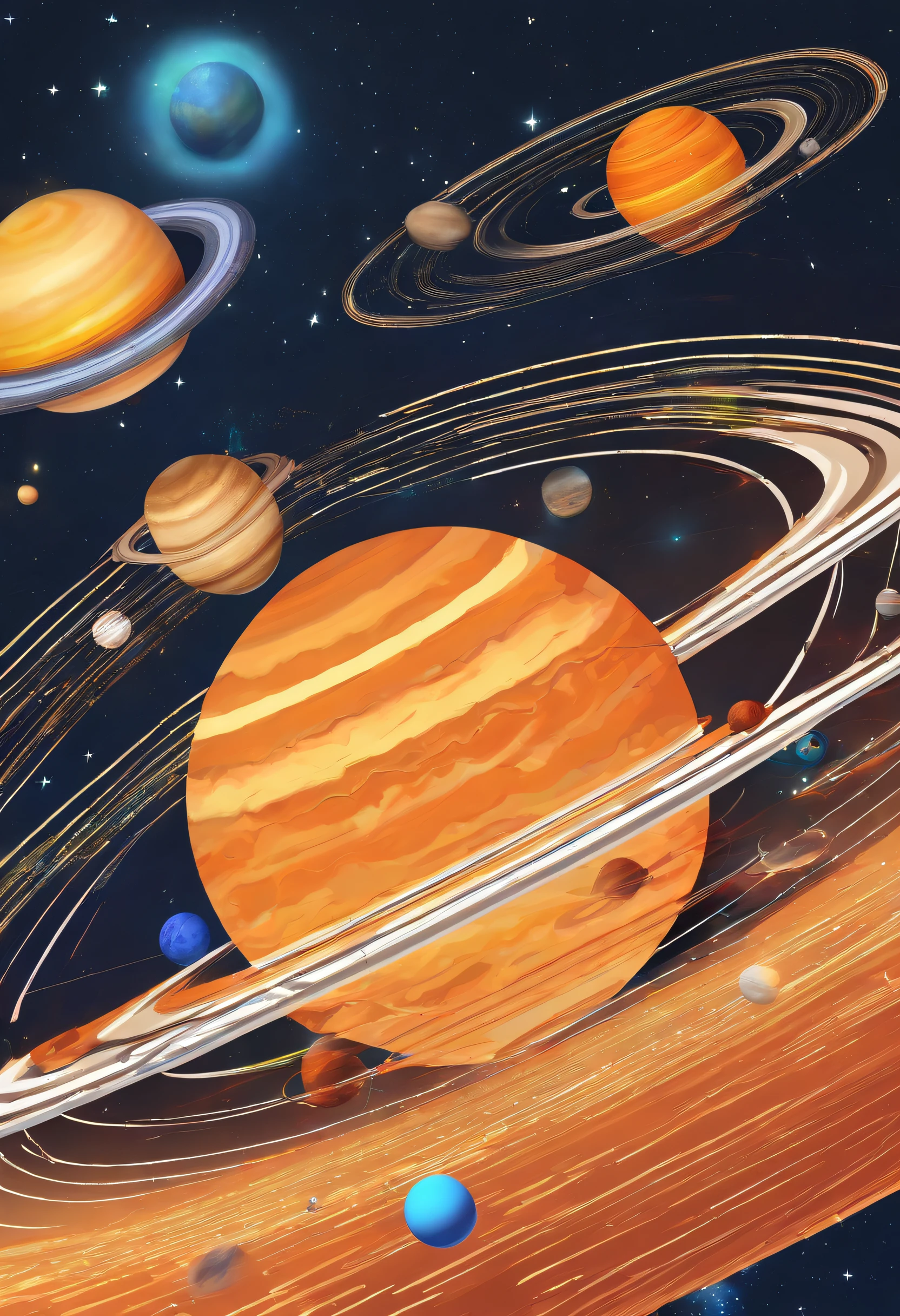 Por favor, Create an accurate representation of our solar system. Comece com o Sol no centro da imagem, que deve ser uma estrela amarela brilhante. Em seguida, Add all eight planets into their correct orbits. Starting with the closest to the Sun, They are: quicksilver, Venus, Terra, Marte, jupiter, Saturno, Urano e Netuno. Make sure the relative sizes of the planets are correct relative to the Sun. Os planetas internos, like Mercury and Venus, devem ser menores do que os planetas externos, like Jupiter and Saturn. Ademais, Draw the orbits of the planets, destacando o caminho que cada um segue ao redor do Sol. Don't forget to include details in the characteristics of the planets, Like the bands of Jupiter, Saturn's rings and Earth's coloration, por exemplo. Add the Moon orbiting the Earth and highlight the details of the lunar surface, If possible. Finalmente, Fill the space between the planets with outer space, highlighting the vastness and darkness of space. Make sure the arrangement and scale of the elements accurately represent our actual solar system. This representation should be informative, Educationally and aesthetically pleasing