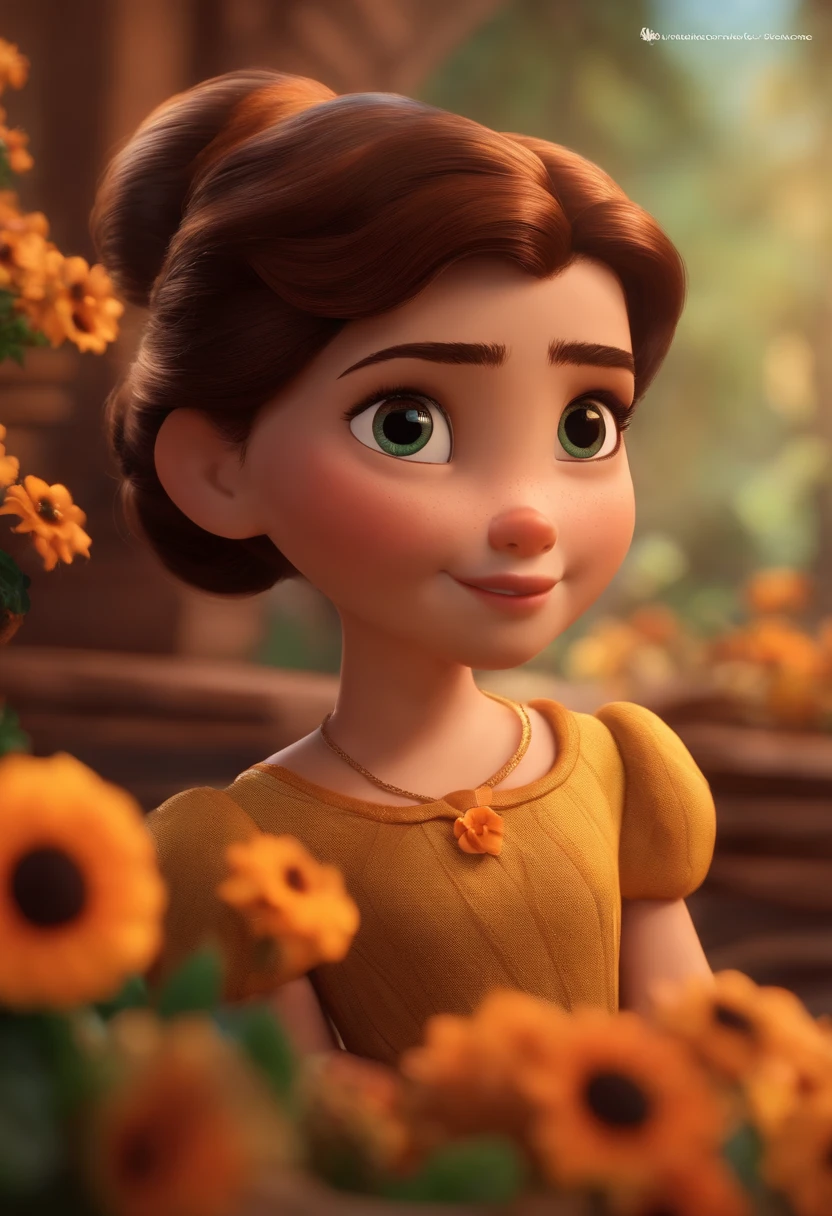  pele clara e cabelo castanho liso, olhos marrons com vestido de flor Pixar 3D 8K