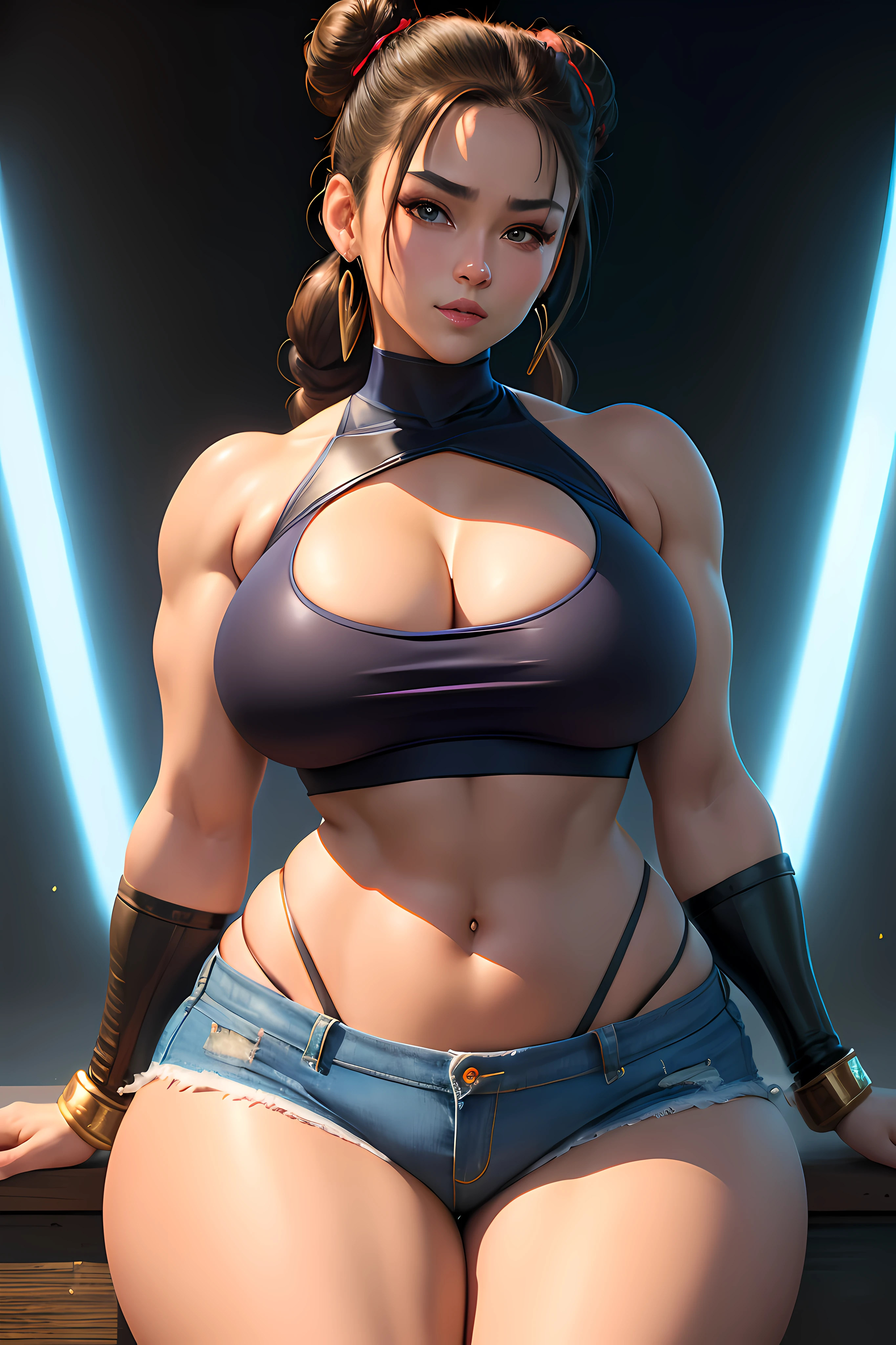 Chun Li Street Fighter wearing ripped lowrider jeans and a crop top, art by Artgerm, anime half-body portrait of a model ((HH-size breasts, very Thick thighs, athletic build, feminine form, lythe body, black hair, twin buns, 20 years old, youthful face, cleavage)) wearing a crop top, wearing ripped lowrider jeans, cheerful smile, 4k, beautiful woman with soft blue eyes, key light reflected in the eyes, posing for the camera, painted background, studio portrait, soft light, bezel lighting, shimmer in the eyes, bokeh background, picturesque, 8K, HDR, RGB, Ultra-HD