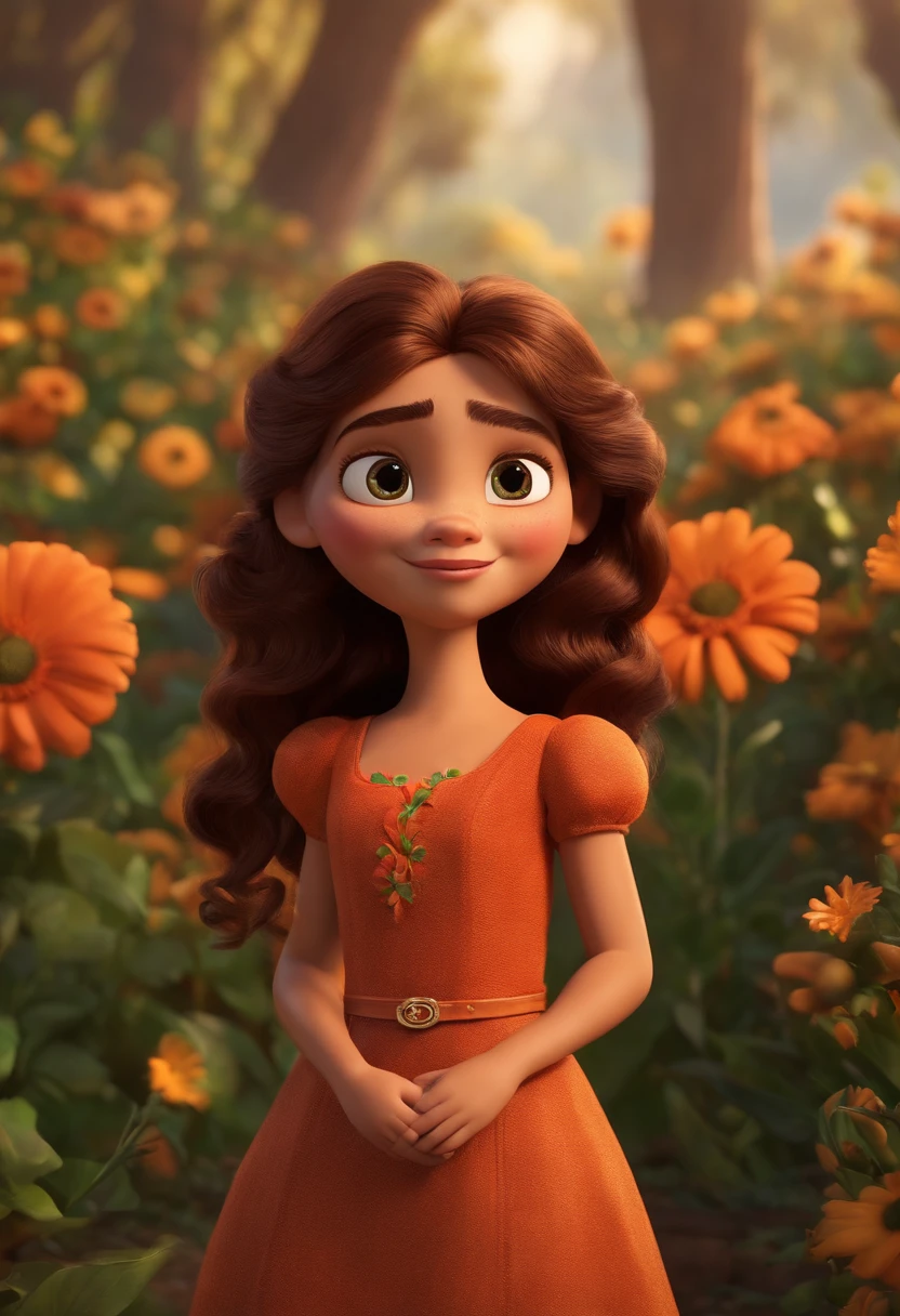 Menina pele clara e cabelo castanho, olhos marrons com vestido de flor Pixar 3D 8K