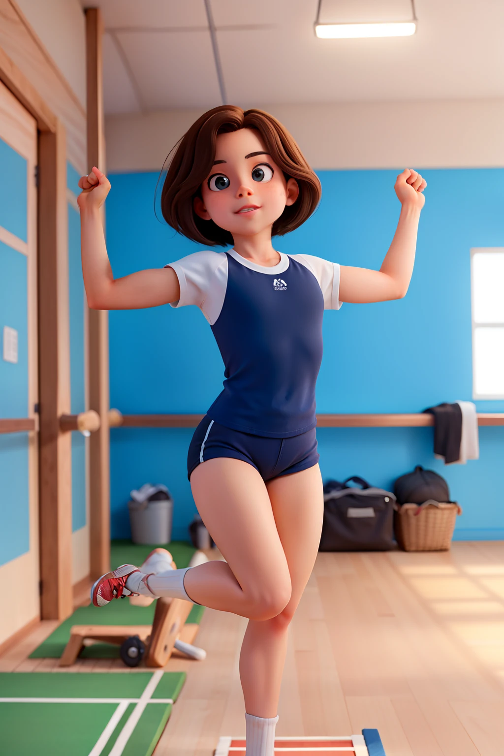 obra-prima, alta qualidade, 1 , cabelo castanho longo, doing Olympic Gymnastics, na sala de aula, usando shorts preto curto