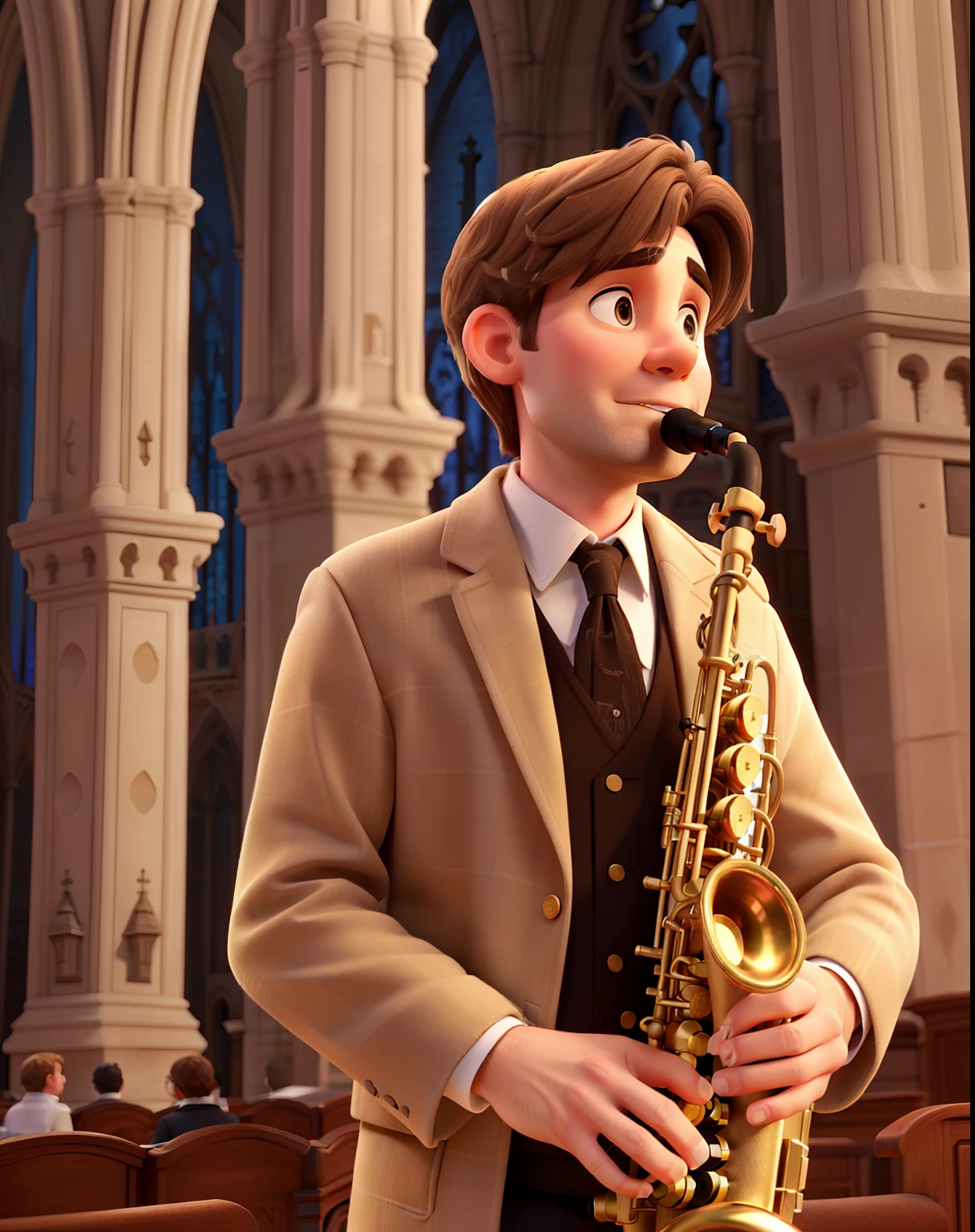 A 38-year-old white man with straight brown hair playing tenor saxophone in gothic cathedral